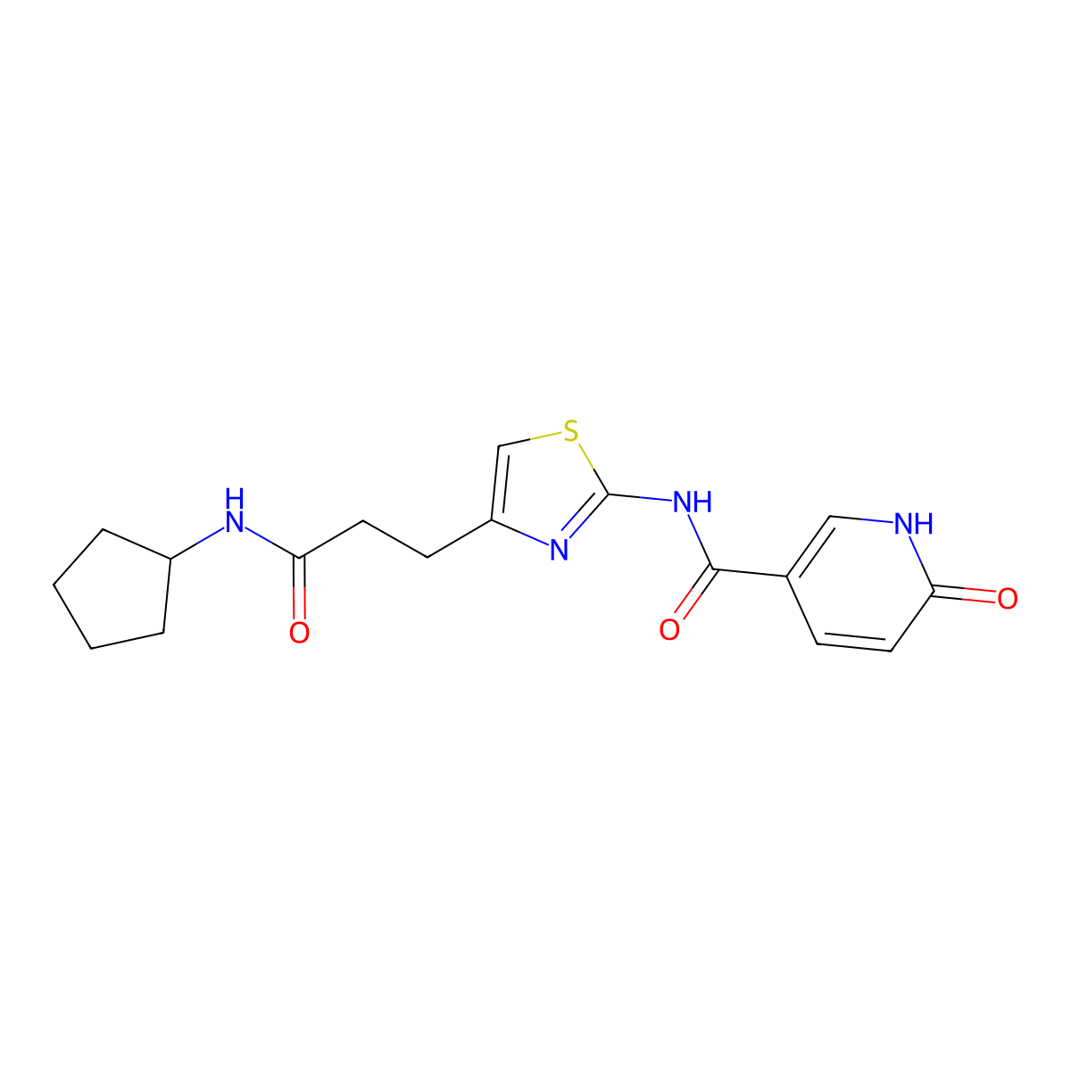 N-{4-[2-(cyclopentylcarbamoyl)ethyl]-1,3-thiazol-2-yl}-6-oxo-1,6-dihydropyridine-3-carboxamide molecular structure, CAS 1040643-40-0