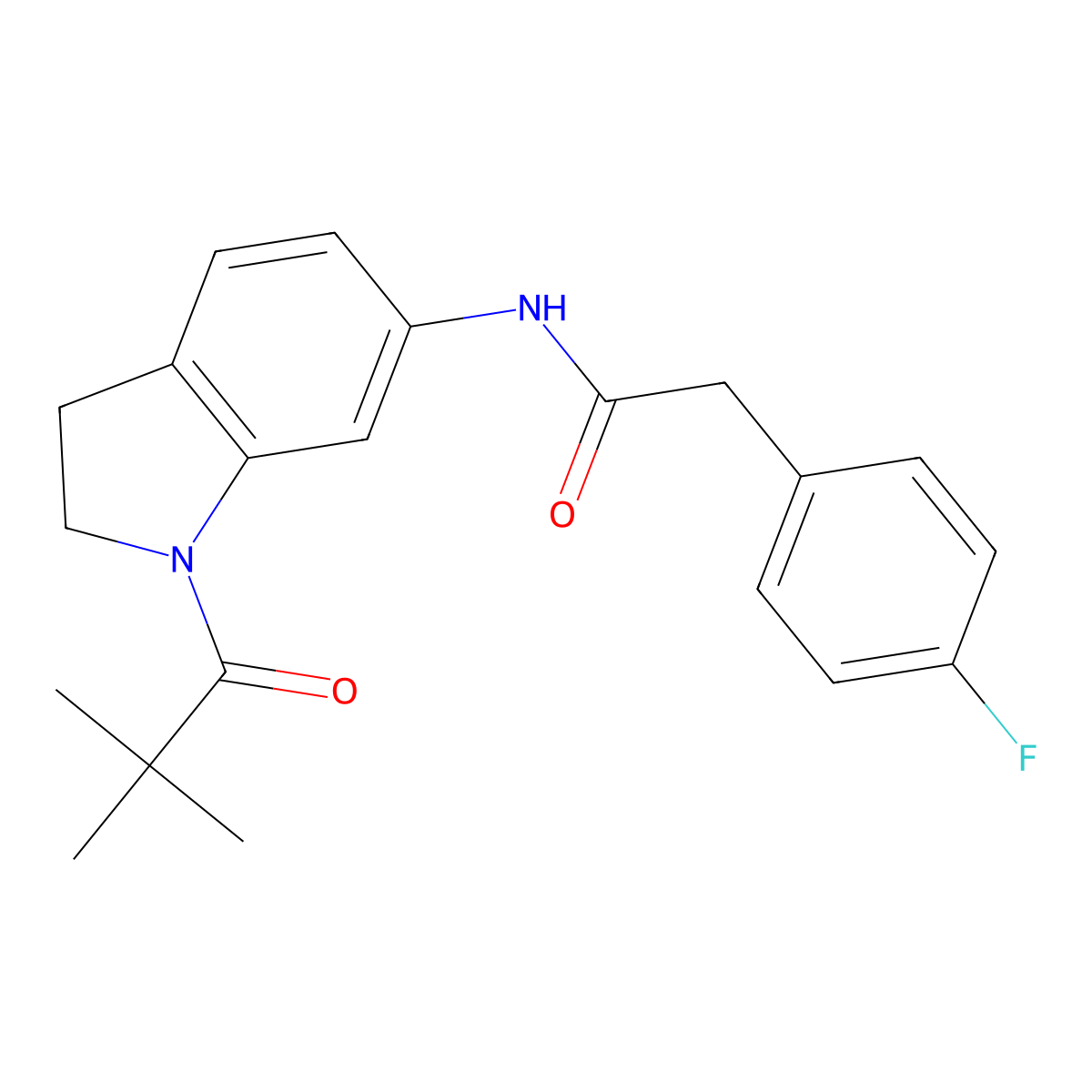 2-(4-fluorophenyl)-N-(1-pivaloylindolin-6-yl)acetamide molecular structure, CAS 1040643-90-0