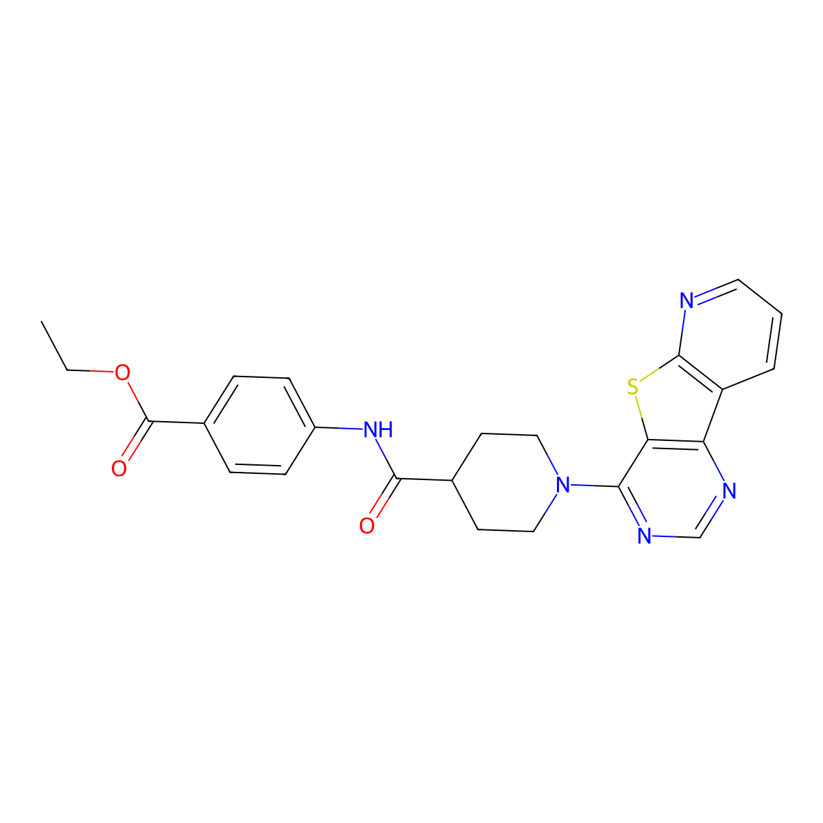 Ethyl 4-(1-{8-thia-3,5,10-triazatricyclo[7.4.0.0^{2,7}]trideca-1(13),2(7),3,5,9,11-hexaen-6-yl}piperidine-4-amido)benzoate molecular structure, CAS 1040644-09-4