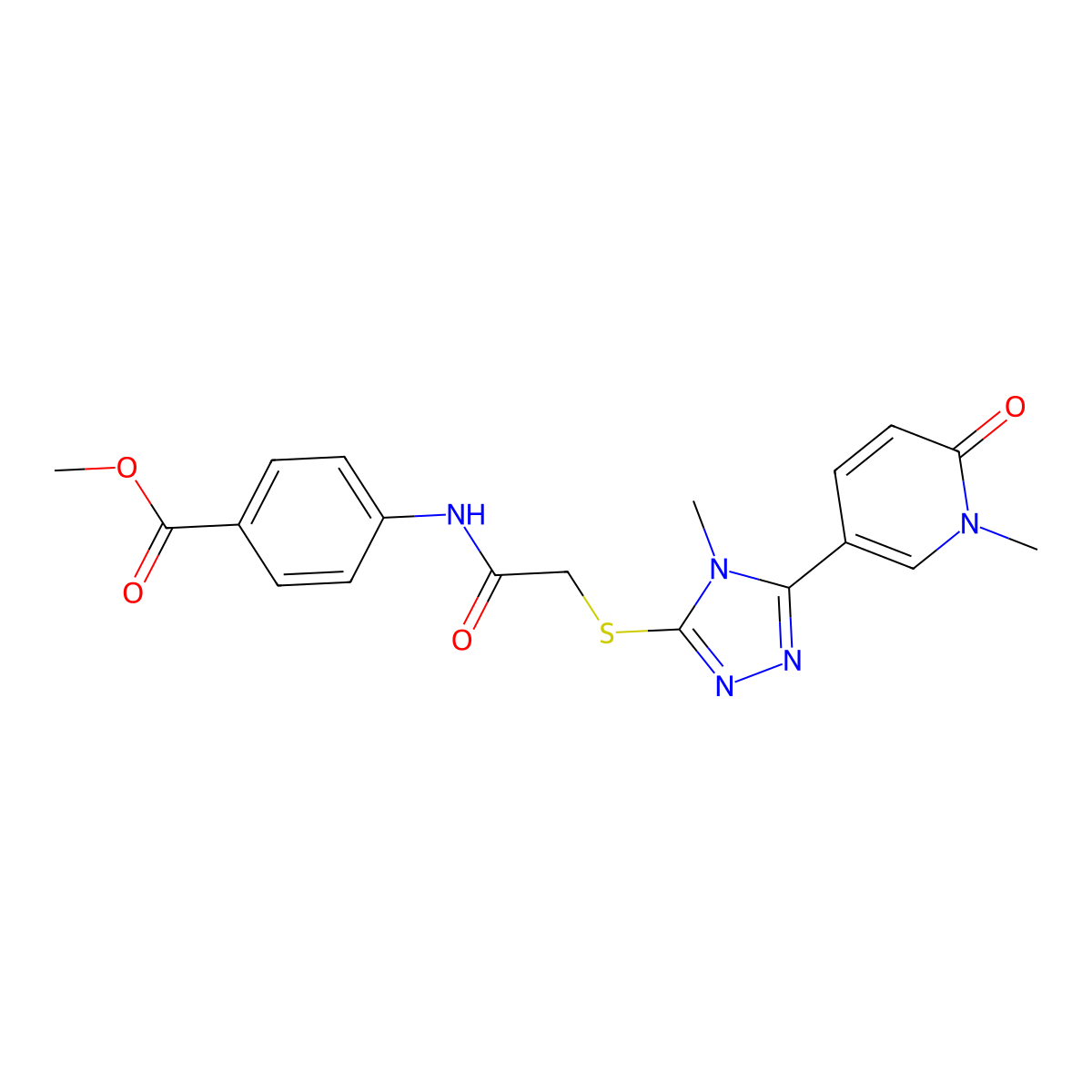 methyl 4-(2-{[4-methyl-5-(1-methyl-6-oxo-1,6-dihydropyridin-3-yl)-4H-1,2,4-triazol-3-yl]sulfanyl}acetamido)benzoate molecular structure, CAS 1040644-21-0