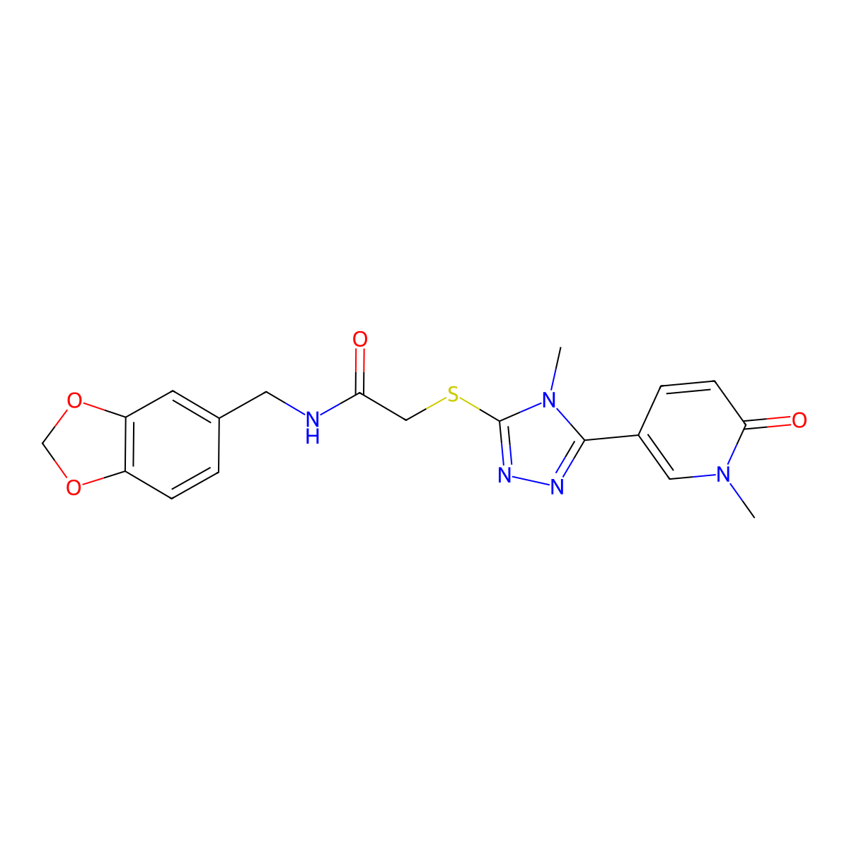 N-(benzo[d][1,3]dioxol-5-ylmethyl)-2-((4-methyl-5-(1-methyl-6-oxo-1,6-dihydropyridin-3-yl)-4H-1,2,4-triazol-3-yl)thio)acetamide molecular structure, CAS 1040644-29-8