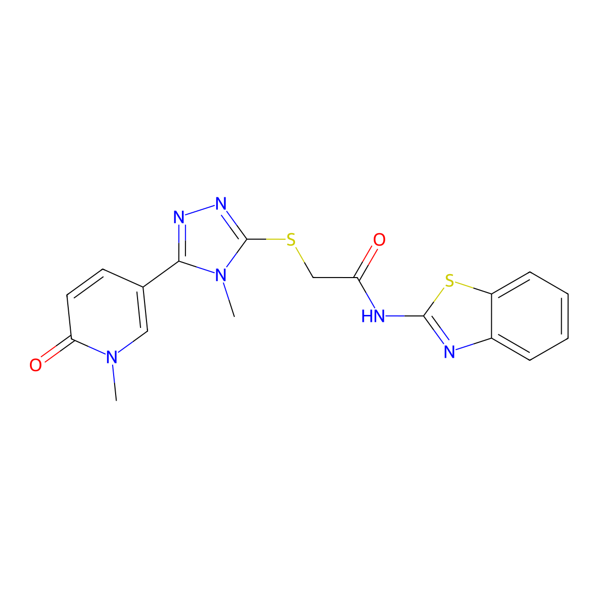 N-(benzo[d]thiazol-2-yl)-2-((4-methyl-5-(1-methyl-6-oxo-1,6-dihydropyridin-3-yl)-4H-1,2,4-triazol-3-yl)thio)acetamide molecular structure, CAS 1040644-45-8