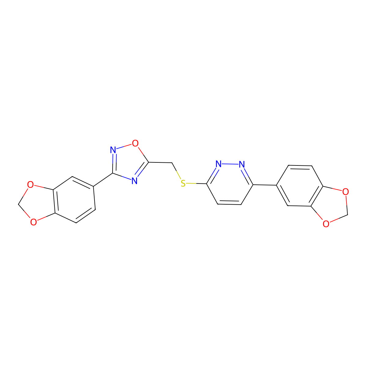 3-(1,3-Benzodioxol-5-yl)-6-({[3-(1,3-benzodioxol-5-yl)-1,2,4-oxadiazol-5-yl]methyl}sulfanyl)pyridazine molecular structure, CAS 1040644-50-5