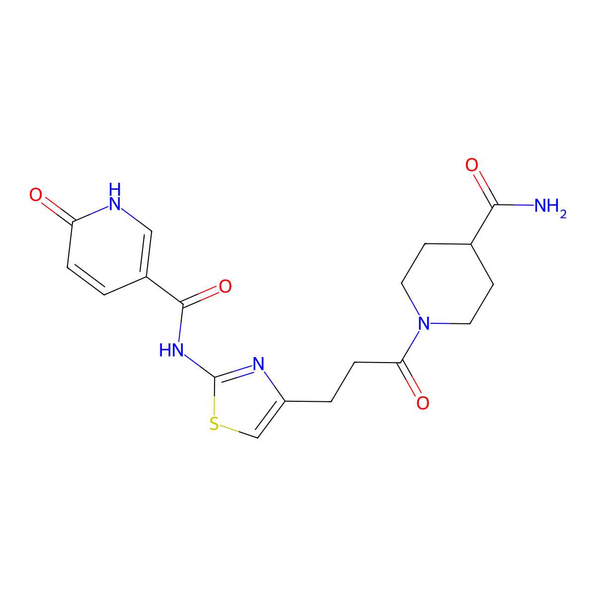 N-{4-[3-(4-carbamoylpiperidin-1-yl)-3-oxopropyl]-1,3-thiazol-2-yl}-6-oxo-1,6-dihydropyridine-3-carboxamide molecular structure, CAS 1040644-52-7