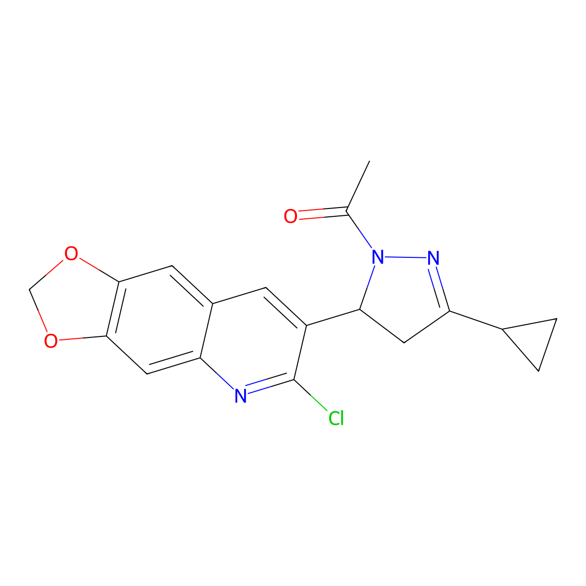 1-(5-{6-chloro-2H-[1,3]dioxolo[4,5-g]quinolin-7-yl}-3-cyclopropyl-4,5-dihydro-1H-pyrazol-1-yl)ethan-1-one molecular structure, CAS 1040644-65-2