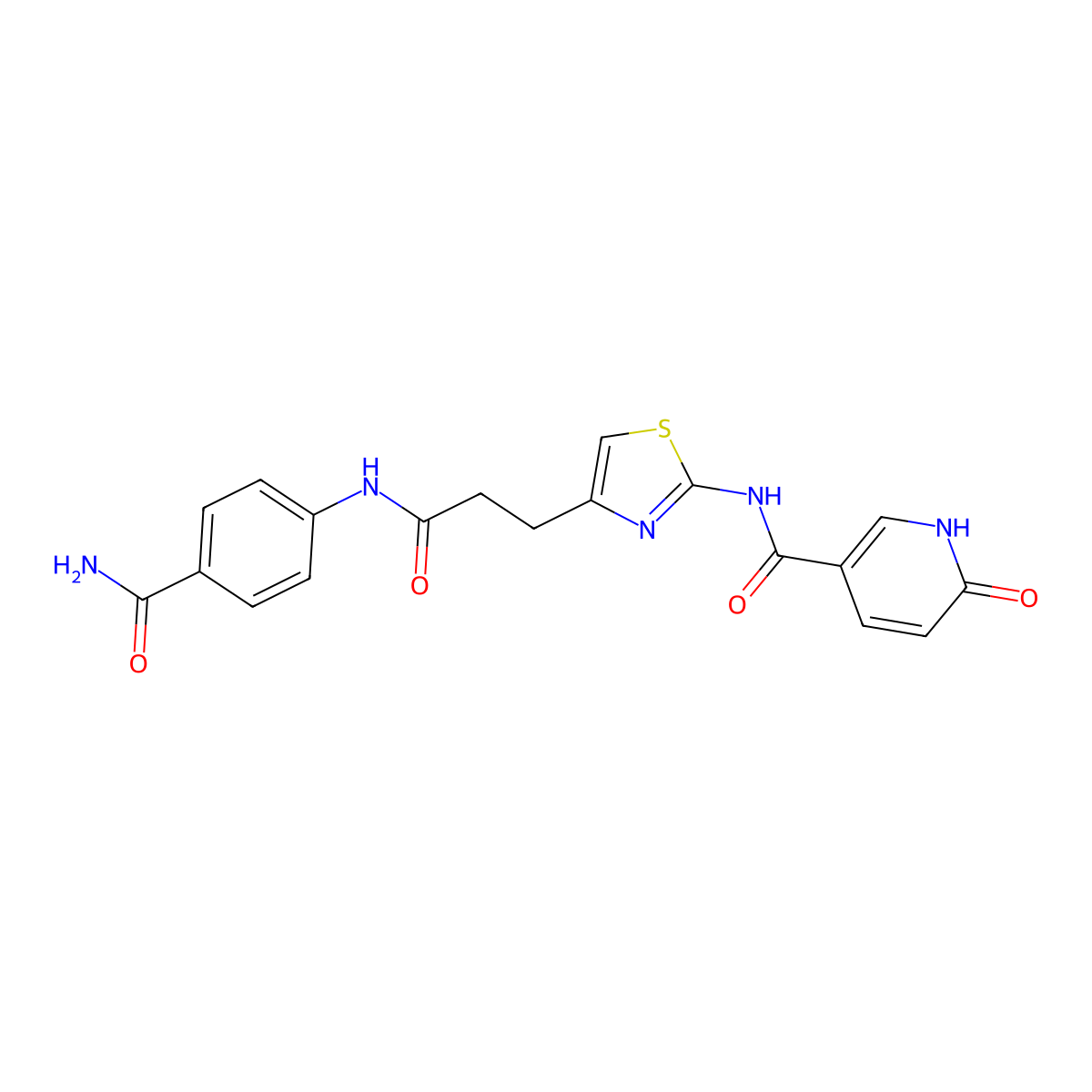 N-(4-(3-((4-carbamoylphenyl)amino)-3-oxopropyl)thiazol-2-yl)-6-oxo-1,6-dihydropyridine-3-carboxamide molecular structure, CAS 1040644-76-5