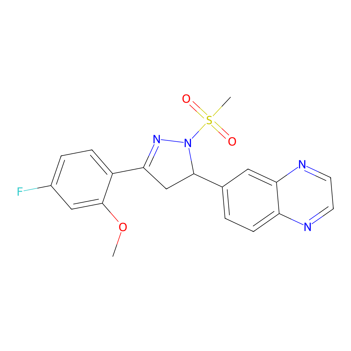 6-(3-(4-fluoro-2-methoxyphenyl)-1-(methylsulfonyl)-4,5-dihydro-1H-pyrazol-5-yl)quinoxaline molecular structure, CAS 1040644-81-2