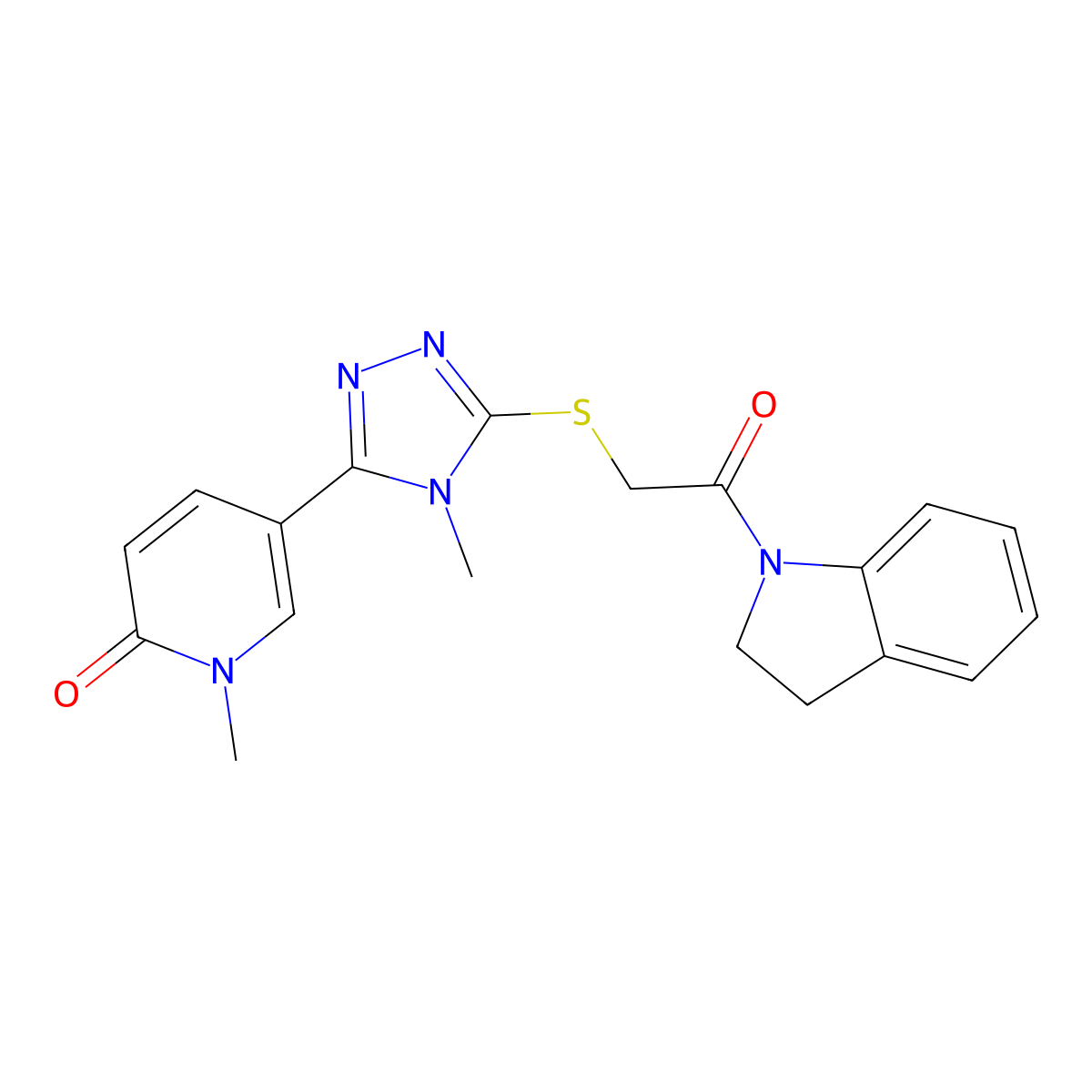 5-(5-{[2-(2,3-dihydro-1H-indol-1-yl)-2-oxoethyl]sulfanyl}-4-methyl-4H-1,2,4-triazol-3-yl)-1-methyl-1,2-dihydropyridin-2-one molecular structure, CAS 1040644-85-6
