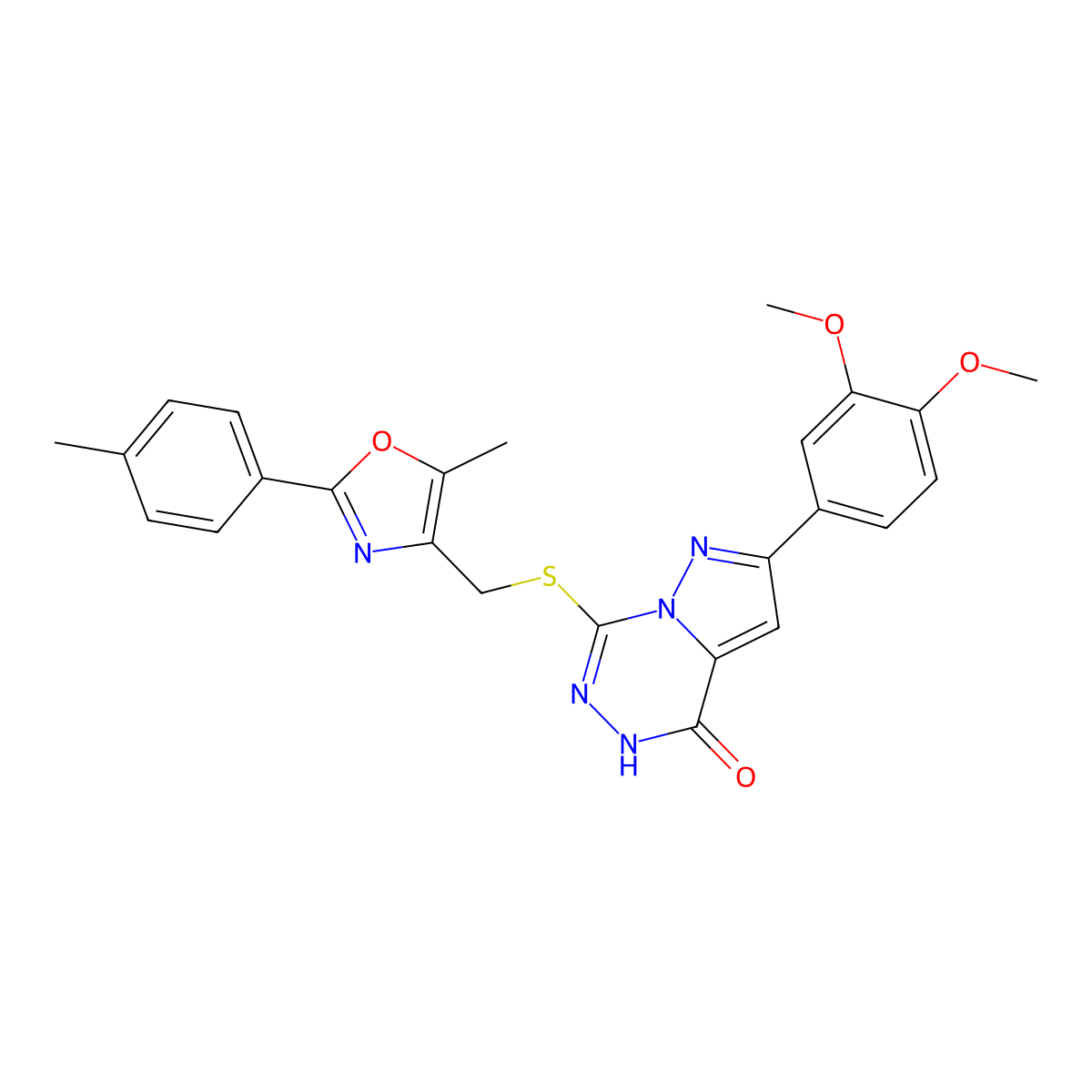 2-(3,4-dimethoxyphenyl)-7-({[5-methyl-2-(4-methylphenyl)-1,3-oxazol-4-yl]methyl}sulfanyl)-4H,5H-pyrazolo[1,5-d][1,2,4]triazin-4-one molecular structure, CAS 1040645-83-7