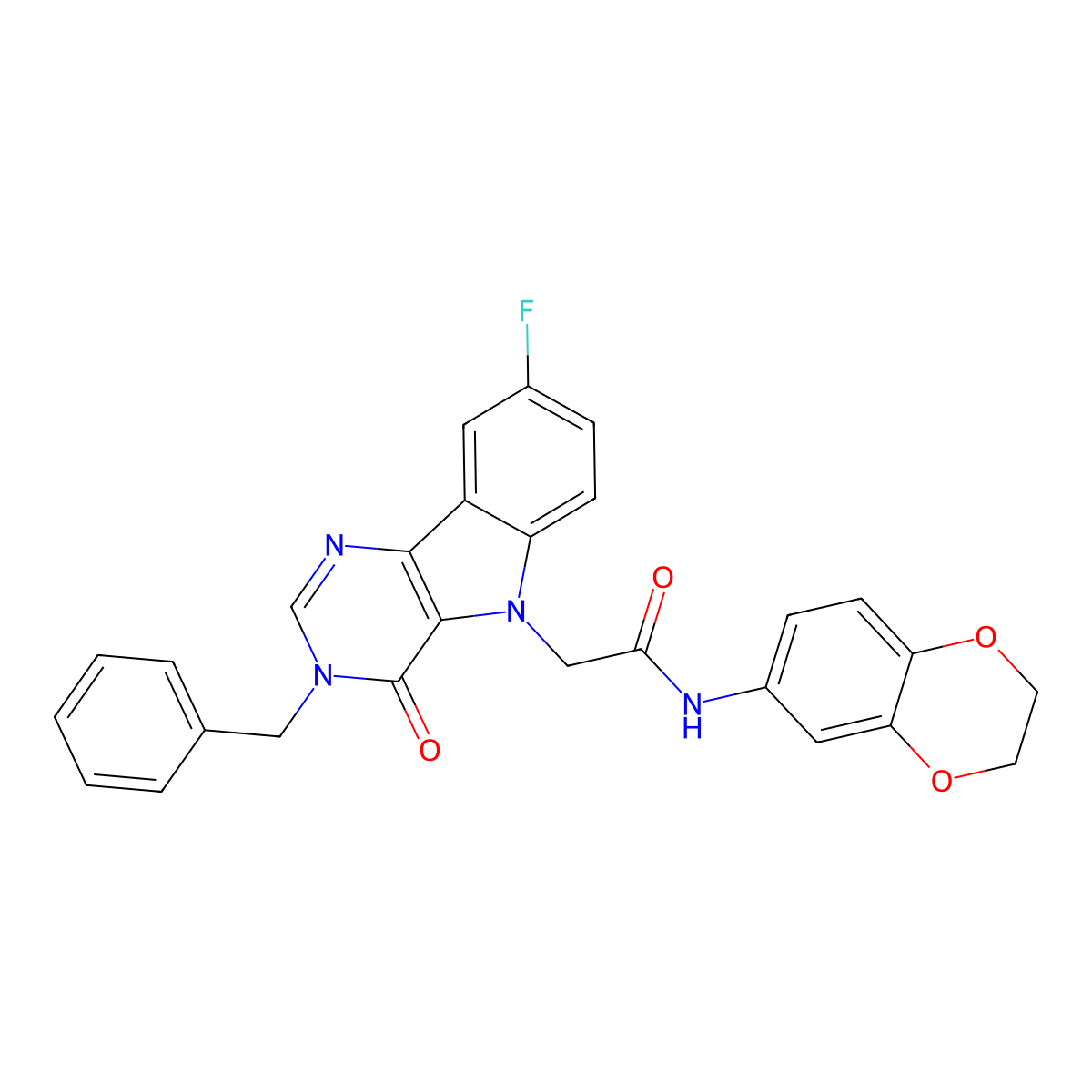 2-(3-benzyl-8-fluoro-4-oxo-3H-pyrimido[5,4-b]indol-5(4H)-yl)-N-(2,3-dihydrobenzo[b][1,4]dioxin-6-yl)acetamide molecular structure, CAS 1040645-86-0
