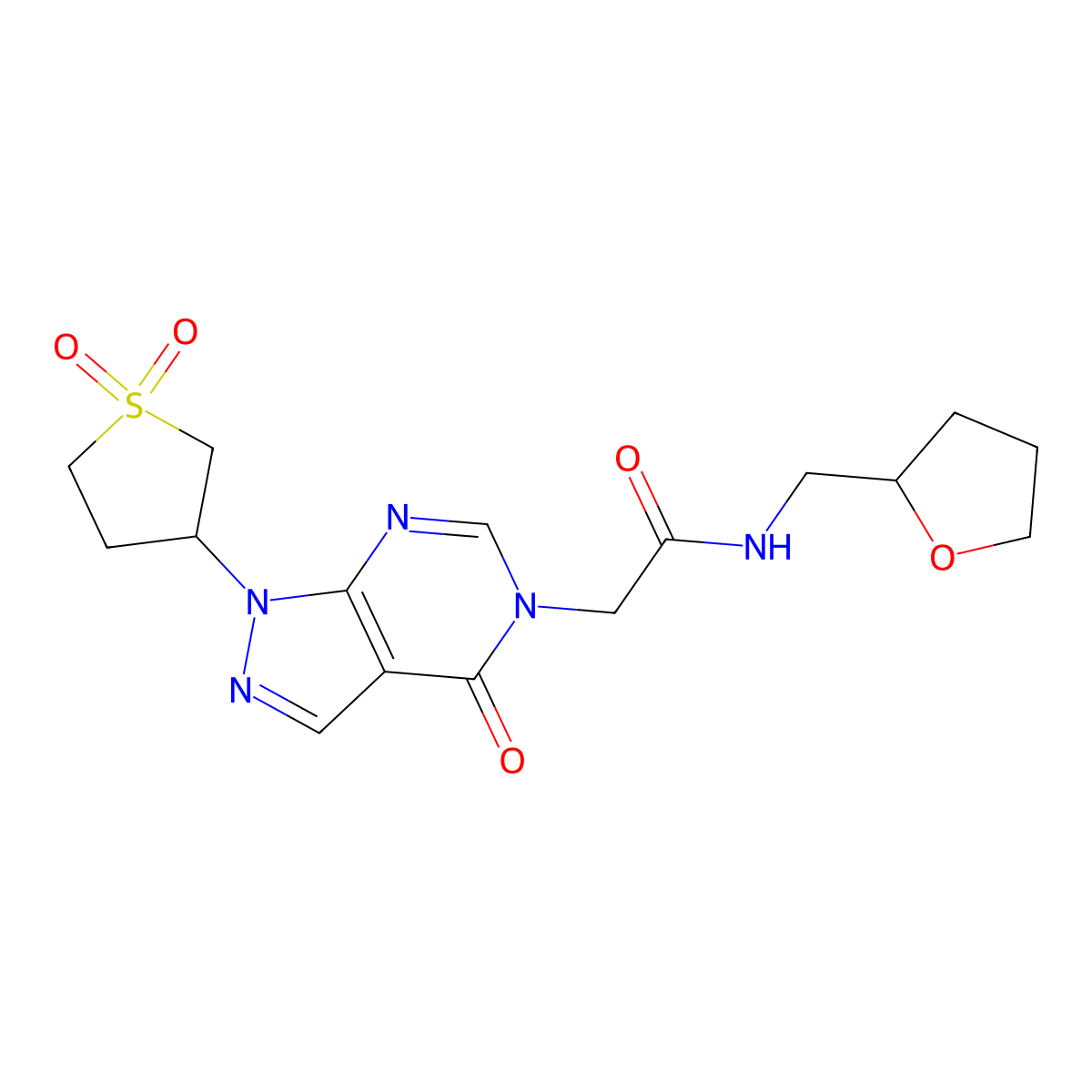 2-(1-(1,1-dioxidotetrahydrothiophen-3-yl)-4-oxo-1H-pyrazolo[3,4-d]pyrimidin-5(4H)-yl)-N-((tetrahydrofuran-2-yl)methyl)acetamide molecular structure, CAS 1040646-00-1