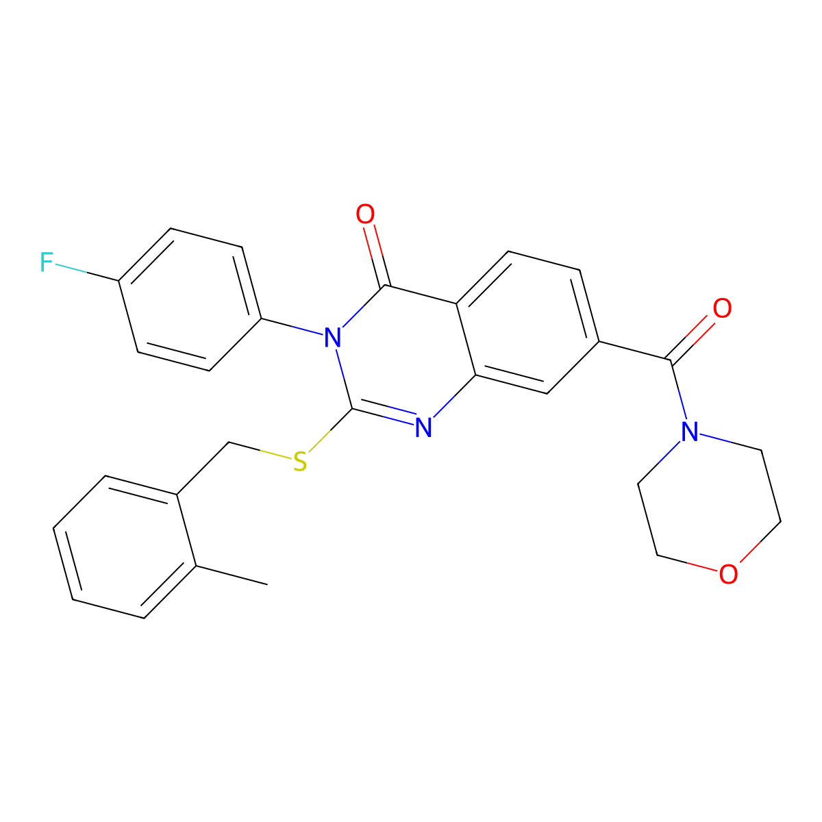 3-(4-fluorophenyl)-2-((2-methylbenzyl)thio)-7-(morpholine-4-carbonyl)quinazolin-4(3H)-one molecular structure, CAS 1040646-03-4
