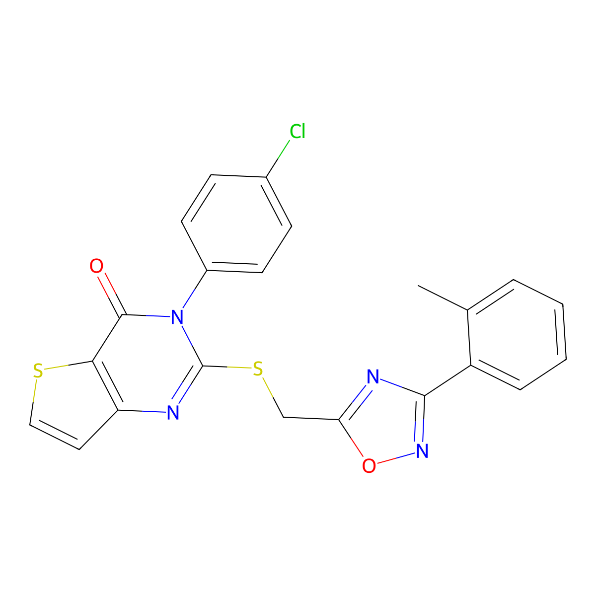 3-(4-chlorophenyl)-2-(((3-(o-tolyl)-1,2,4-oxadiazol-5-yl)methyl)thio)thieno[3,2-d]pyrimidin-4(3H)-one molecular structure, CAS 1040646-04-5