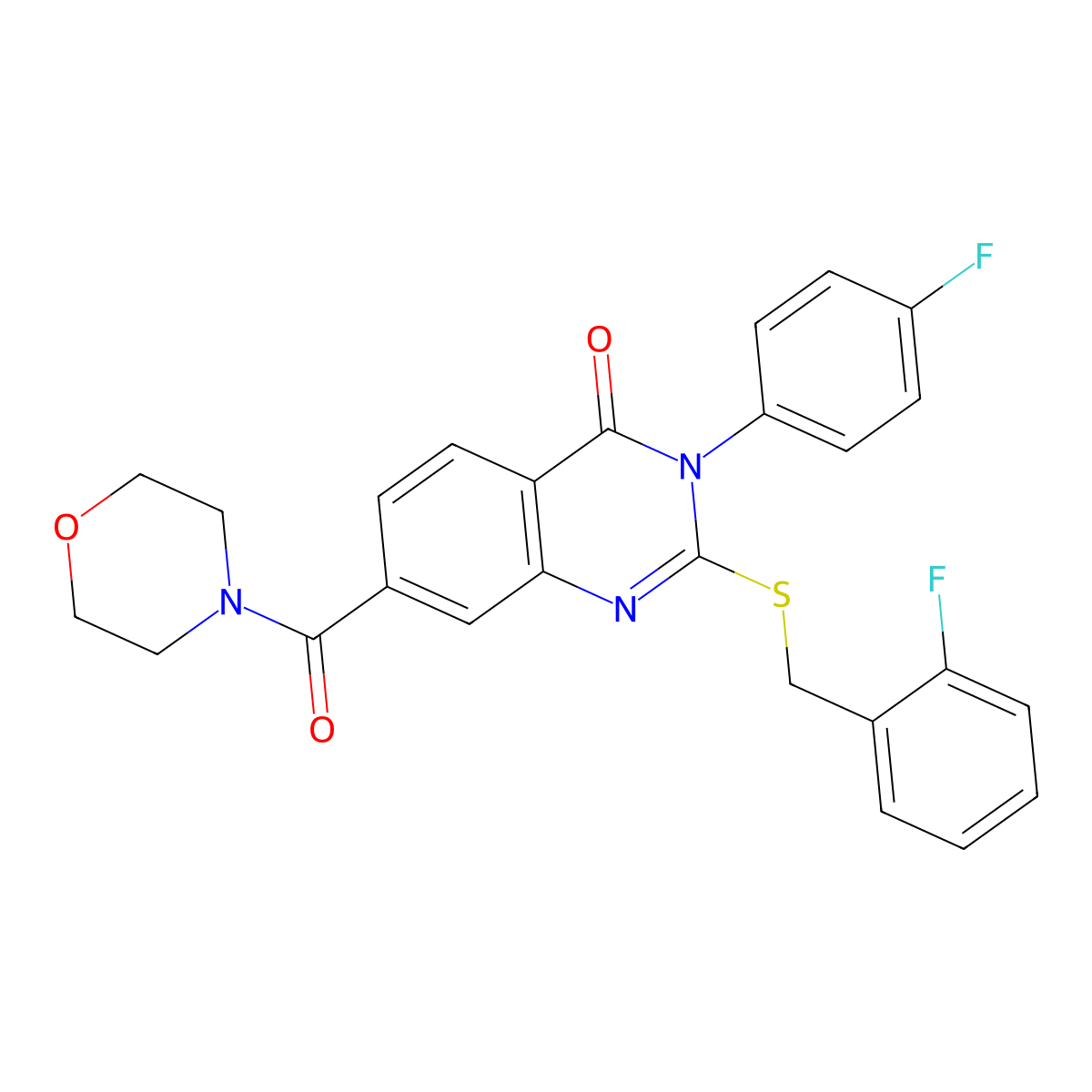 2-((2-fluorobenzyl)thio)-3-(4-fluorophenyl)-7-(morpholine-4-carbonyl)quinazolin-4(3H)-one molecular structure, CAS 1040646-11-4