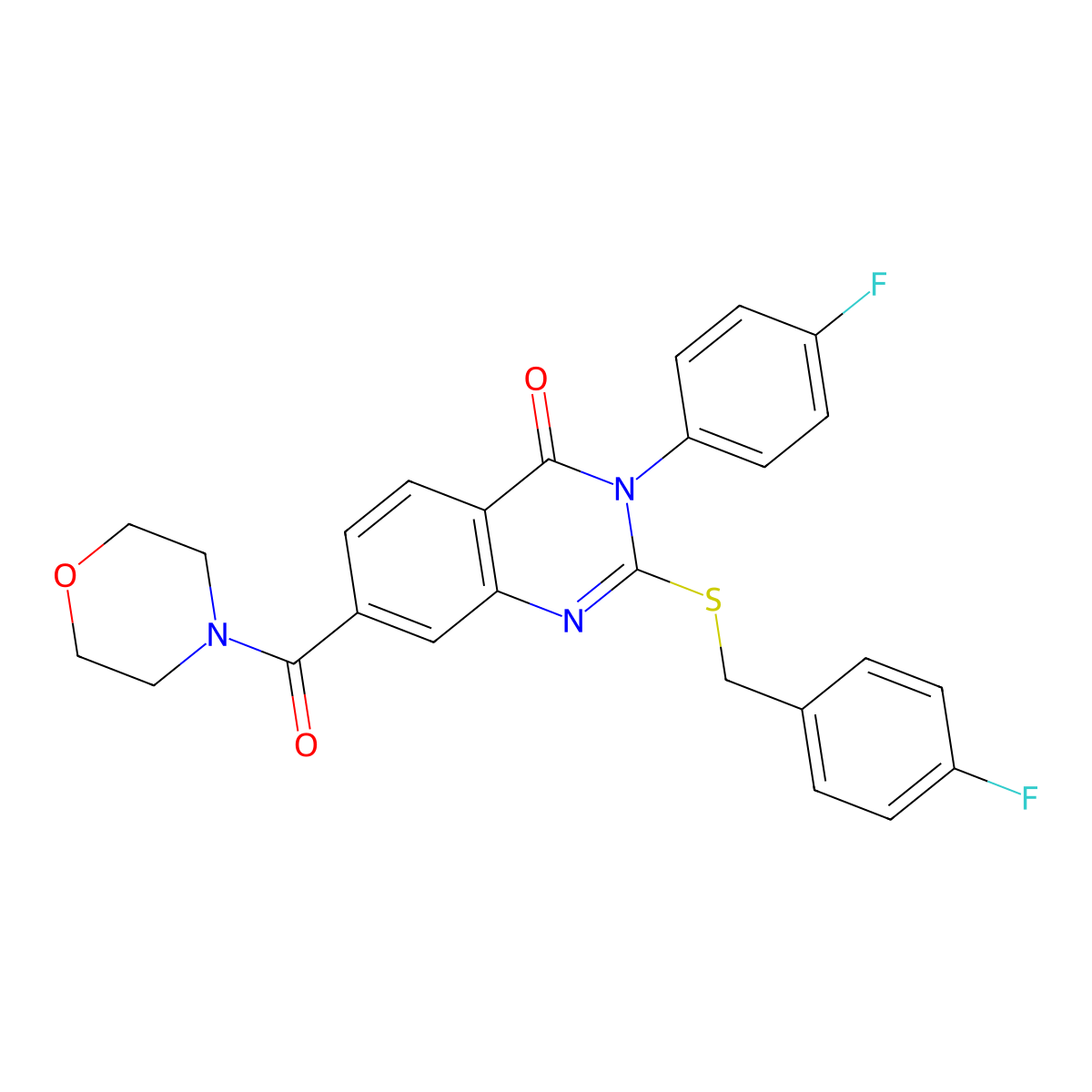 2-((4-fluorobenzyl)thio)-3-(4-fluorophenyl)-7-(morpholine-4-carbonyl)quinazolin-4(3H)-one molecular structure, CAS 1040646-31-8
