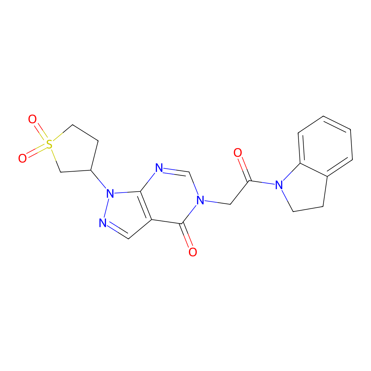 1-(1,1-dioxidotetrahydrothiophen-3-yl)-5-(2-(indolin-1-yl)-2-oxoethyl)-1H-pyrazolo[3,4-d]pyrimidin-4(5H)-one molecular structure, CAS 1040646-34-1