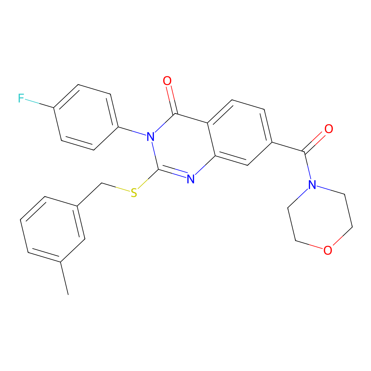 3-(4-fluorophenyl)-2-((3-methylbenzyl)thio)-7-(morpholine-4-carbonyl)quinazolin-4(3H)-one molecular structure, CAS 1040646-37-4