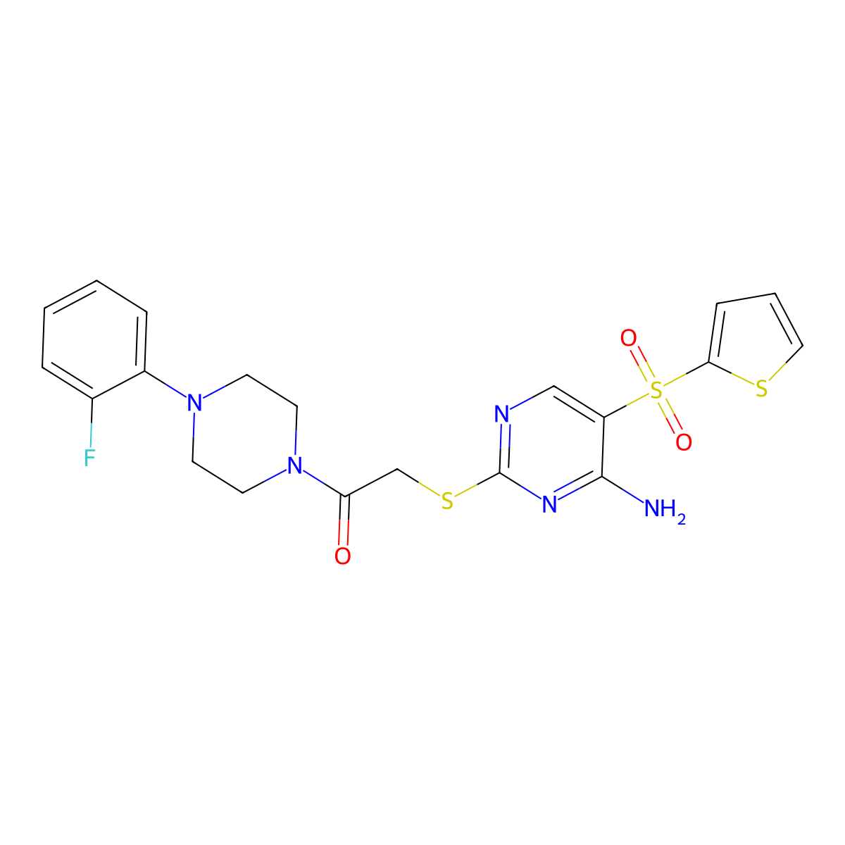 2-{[4-Amino-5-(thiophene-2-sulfonyl)pyrimidin-2-yl]sulfanyl}-1-[4-(2-fluorophenyl)piperazin-1-yl]ethan-1-one molecular structure, CAS 1040646-51-2