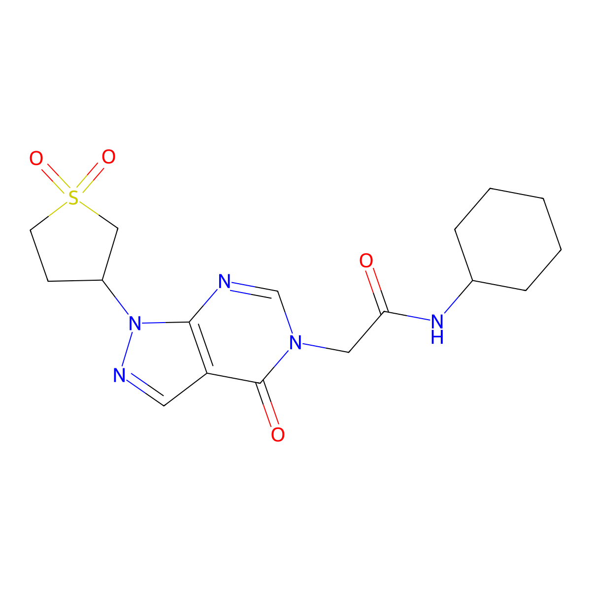 N-cyclohexyl-2-(1-(1,1-dioxidotetrahydrothiophen-3-yl)-4-oxo-1H-pyrazolo[3,4-d]pyrimidin-5(4H)-yl)acetamide molecular structure, CAS 1040646-53-4