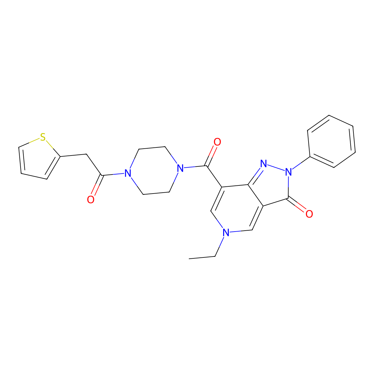 5-ethyl-2-phenyl-7-(4-(2-(thiophen-2-yl)acetyl)piperazine-1-carbonyl)-2H-pyrazolo[4,3-c]pyridin-3(5H)-one molecular structure, CAS 1040646-55-6