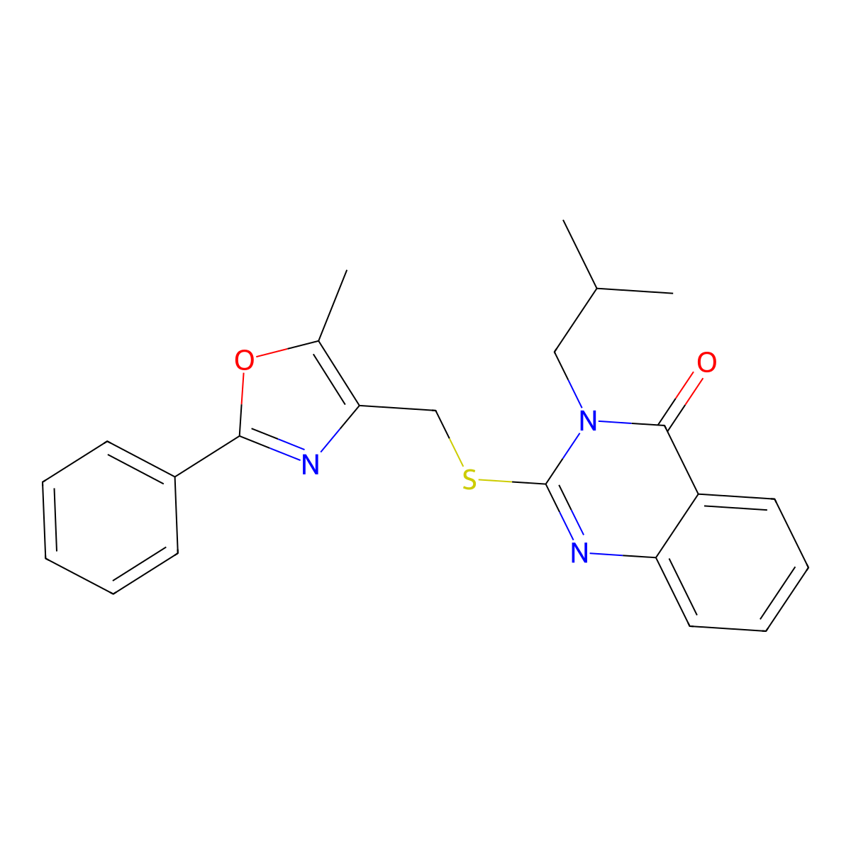 3-isobutyl-2-(((5-methyl-2-phenyloxazol-4-yl)methyl)thio)quinazolin-4(3H)-one molecular structure, CAS 1040646-59-0