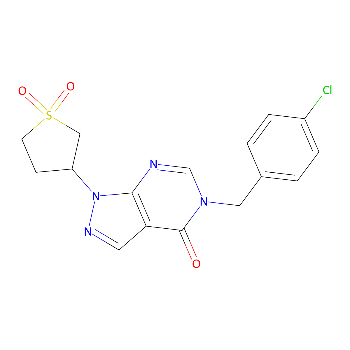 5-(4-chlorobenzyl)-1-(1,1-dioxidotetrahydrothiophen-3-yl)-1H-pyrazolo[3,4-d]pyrimidin-4(5H)-one molecular structure, CAS 1040646-69-2