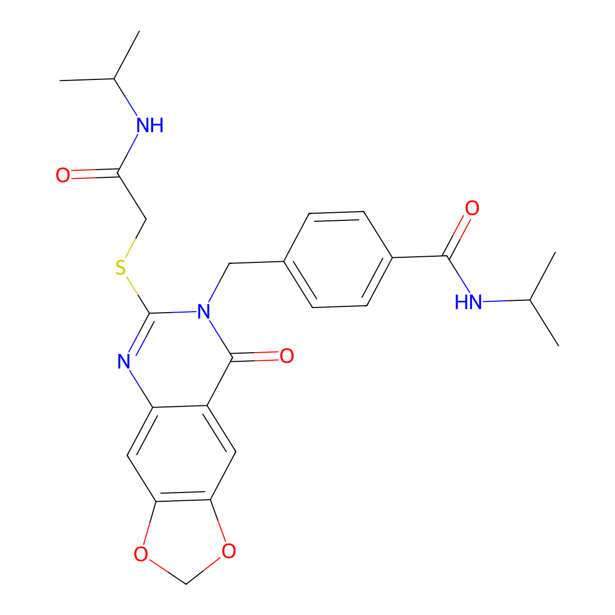 4-{[8-oxo-6-({[(propan-2-yl)carbamoyl]methyl}sulfanyl)-2H,7H,8H-[1,3]dioxolo[4,5-g]quinazolin-7-yl]methyl}-N-(propan-2-yl)benzamide molecular structure, CAS 1040646-94-3