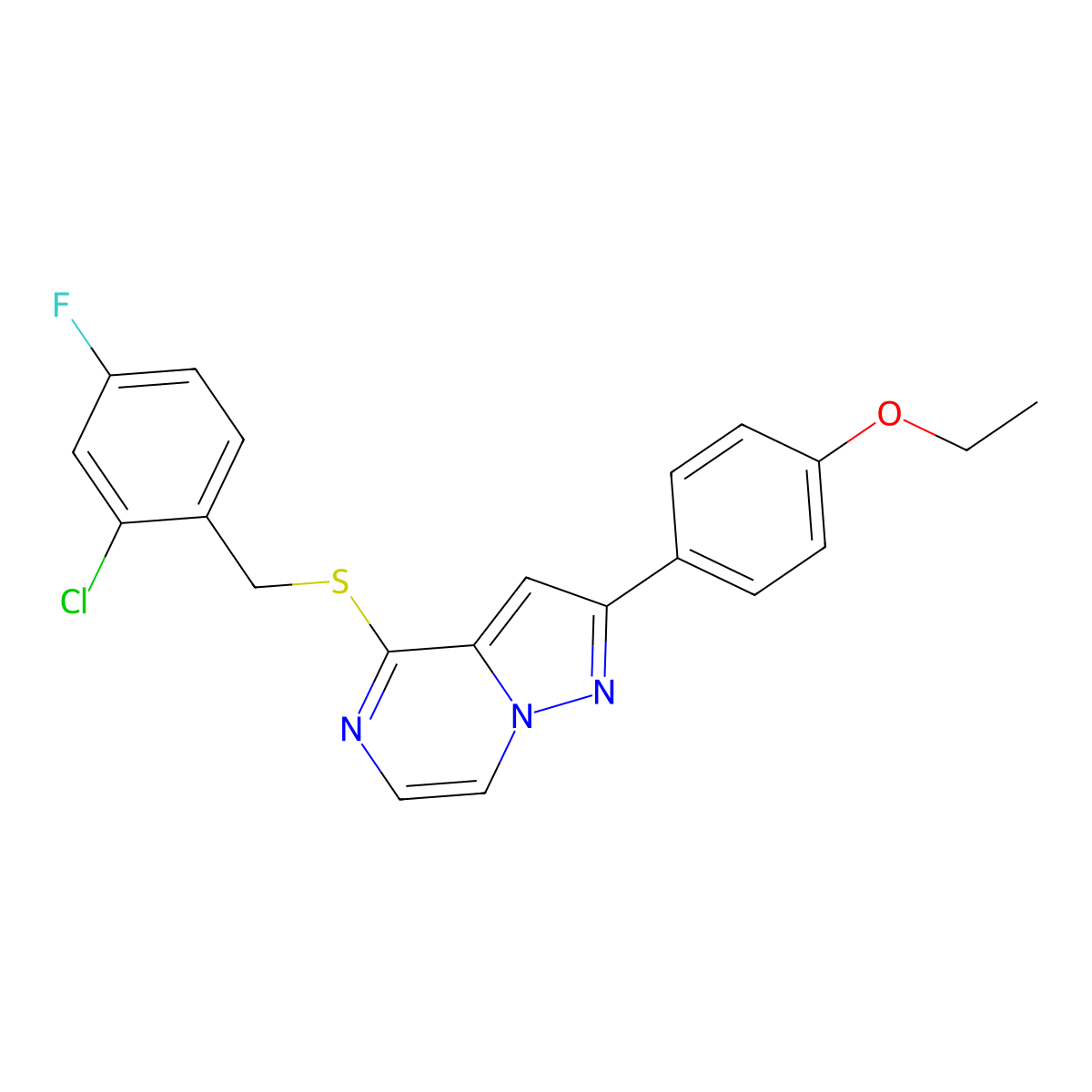 4-((2-Chloro-4-fluorobenzyl)thio)-2-(4-ethoxyphenyl)pyrazolo[1,5-a]pyrazine molecular structure, CAS 1040646-95-4