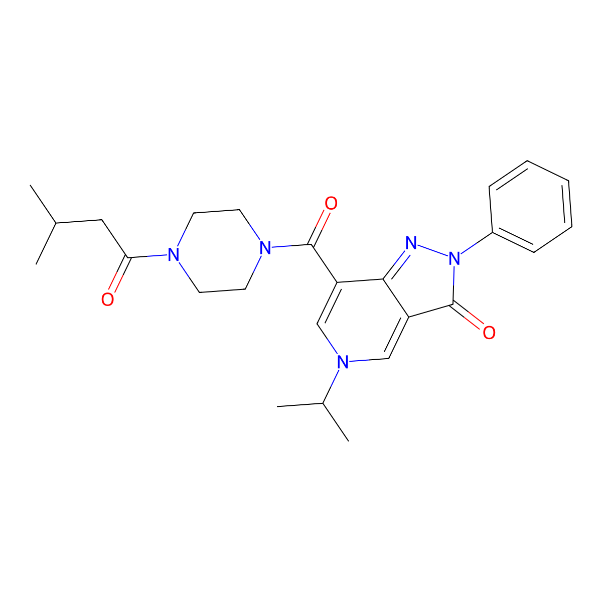 5-isopropyl-7-(4-(3-methylbutanoyl)piperazine-1-carbonyl)-2-phenyl-2H-pyrazolo[4,3-c]pyridin-3(5H)-one molecular structure, CAS 1040646-98-7
