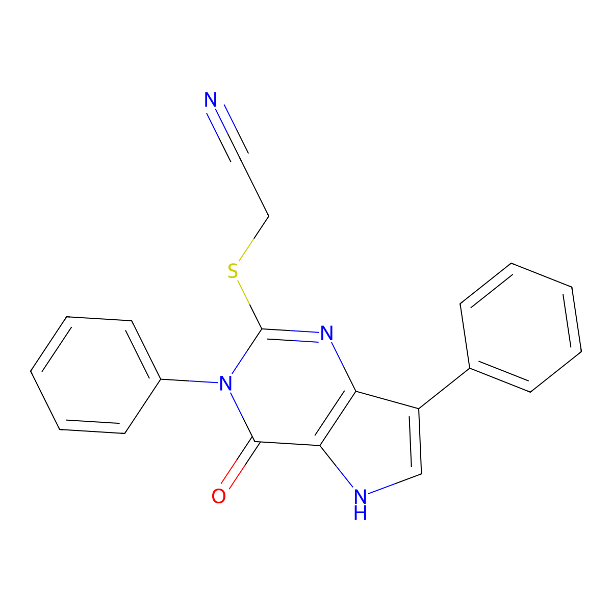 2-((4-oxo-3,7-diphenyl-4,5-dihydro-3H-pyrrolo[3,2-d]pyrimidin-2-yl)thio)acetonitrile molecular structure, CAS 1040646-99-8