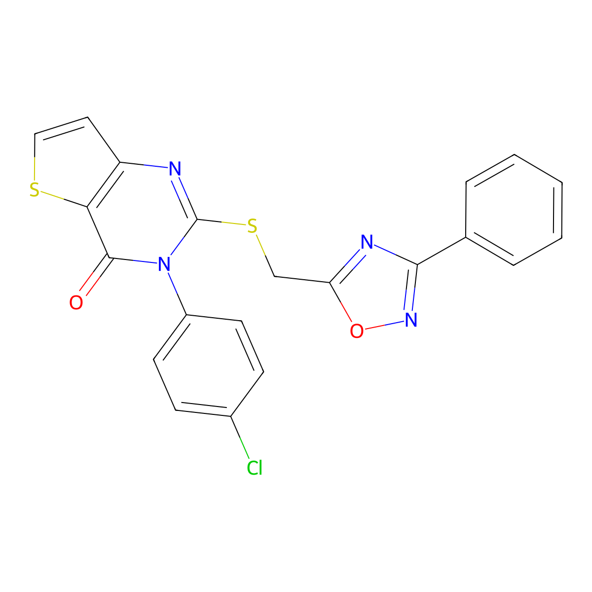 3-(4-chlorophenyl)-2-(((3-phenyl-1,2,4-oxadiazol-5-yl)methyl)thio)thieno[3,2-d]pyrimidin-4(3H)-one molecular structure, CAS 1040647-02-6