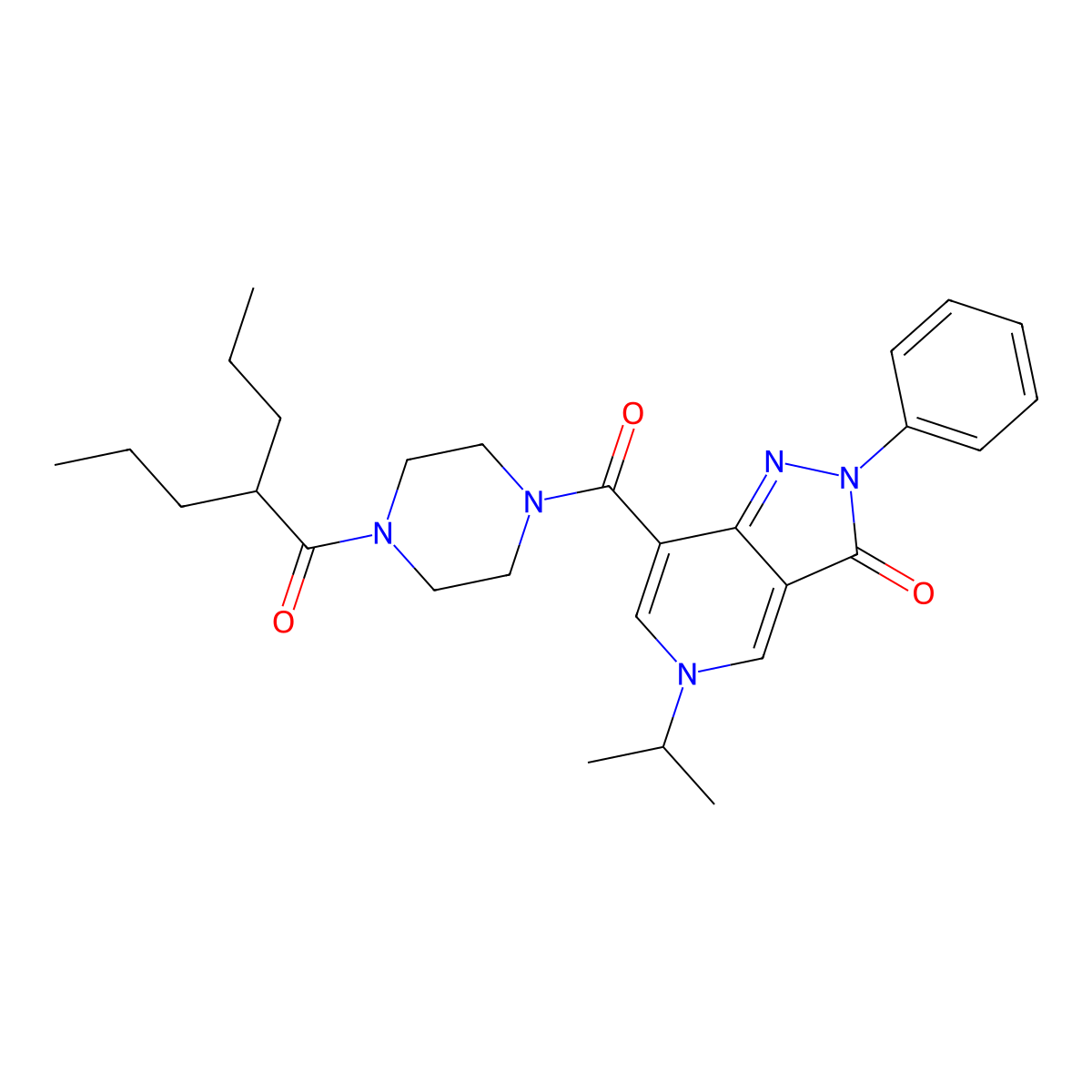 5-isopropyl-2-phenyl-7-(4-(2-propylpentanoyl)piperazine-1-carbonyl)-2H-pyrazolo[4,3-c]pyridin-3(5H)-one molecular structure, CAS 1040647-12-8