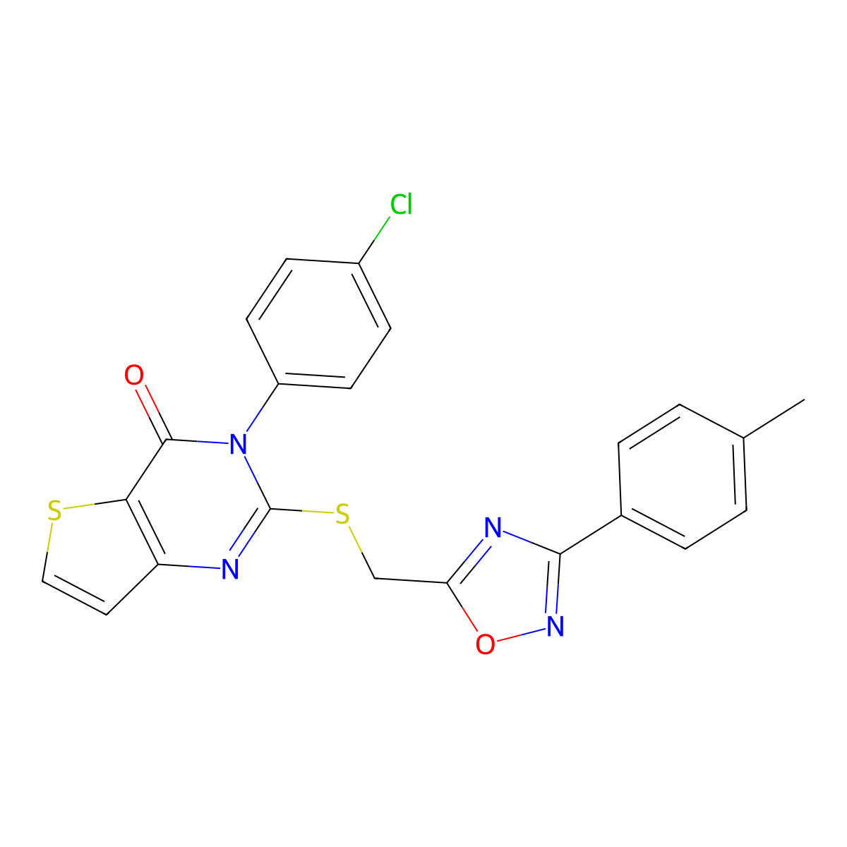 3-(4-chlorophenyl)-2-(((3-(p-tolyl)-1,2,4-oxadiazol-5-yl)methyl)thio)thieno[3,2-d]pyrimidin-4(3H)-one molecular structure, CAS 1040647-16-2