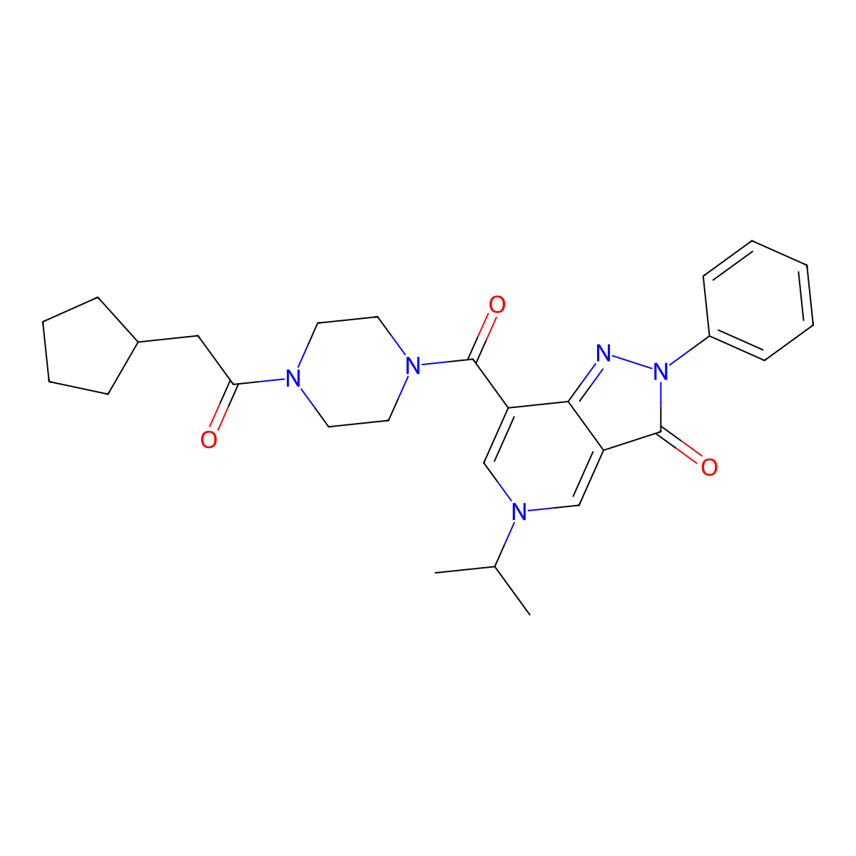 7-[4-(2-cyclopentylacetyl)piperazine-1-carbonyl]-2-phenyl-5-(propan-2-yl)-2H,3H,5H-pyrazolo[4,3-c]pyridin-3-one molecular structure, CAS 1040647-31-1