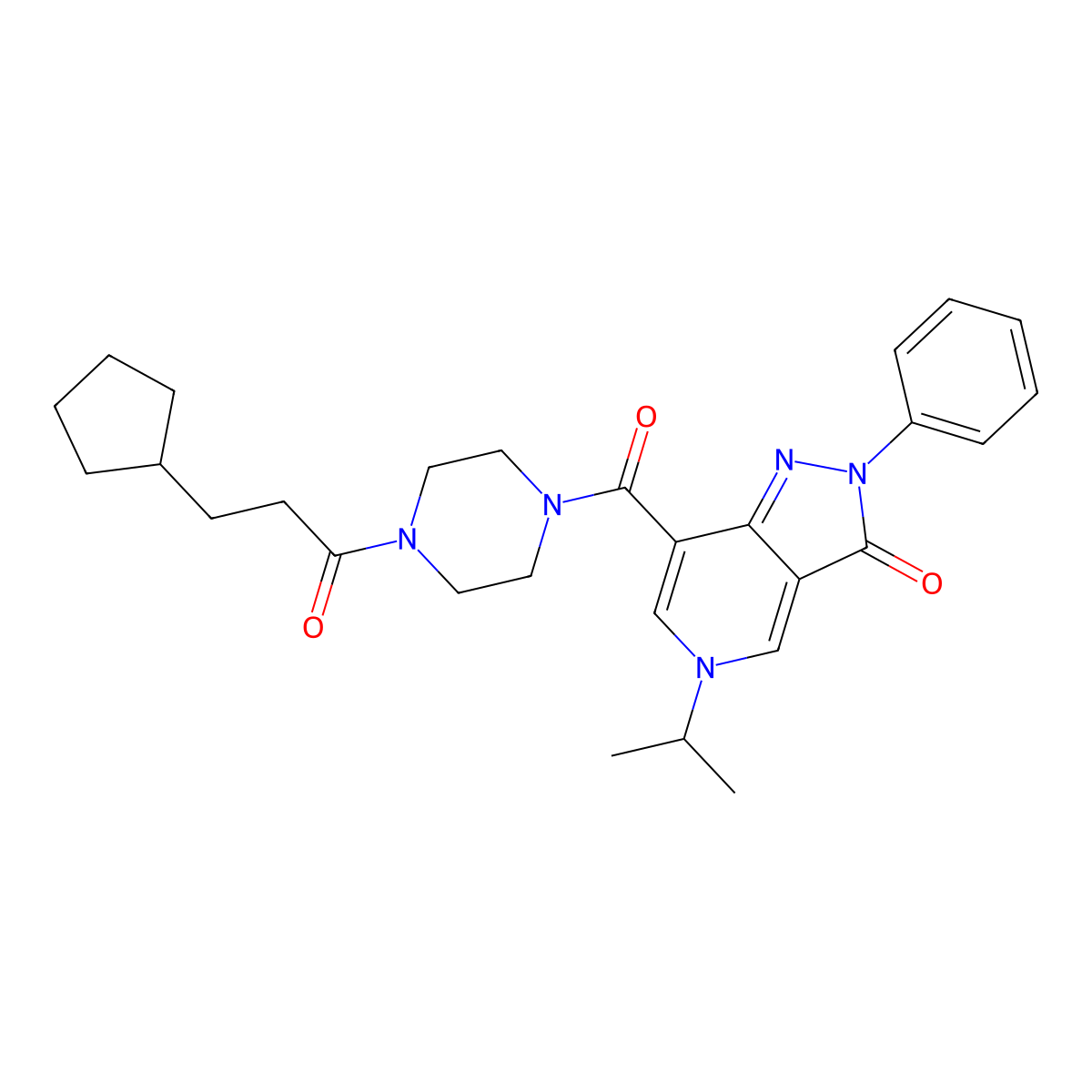 7-(4-(3-cyclopentylpropanoyl)piperazine-1-carbonyl)-5-isopropyl-2-phenyl-2H-pyrazolo[4,3-c]pyridin-3(5H)-one molecular structure, CAS 1040647-37-7