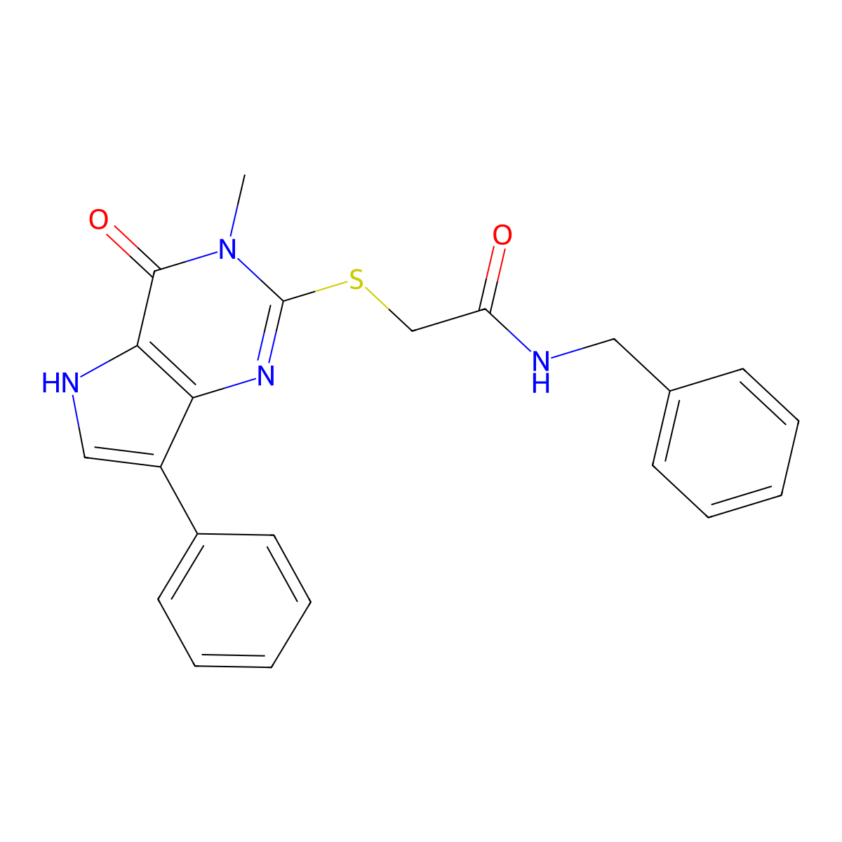 N-benzyl-2-({3-methyl-4-oxo-7-phenyl-3H,4H,5H-pyrrolo[3,2-d]pyrimidin-2-yl}sulfanyl)acetamide molecular structure, CAS 1040647-38-8