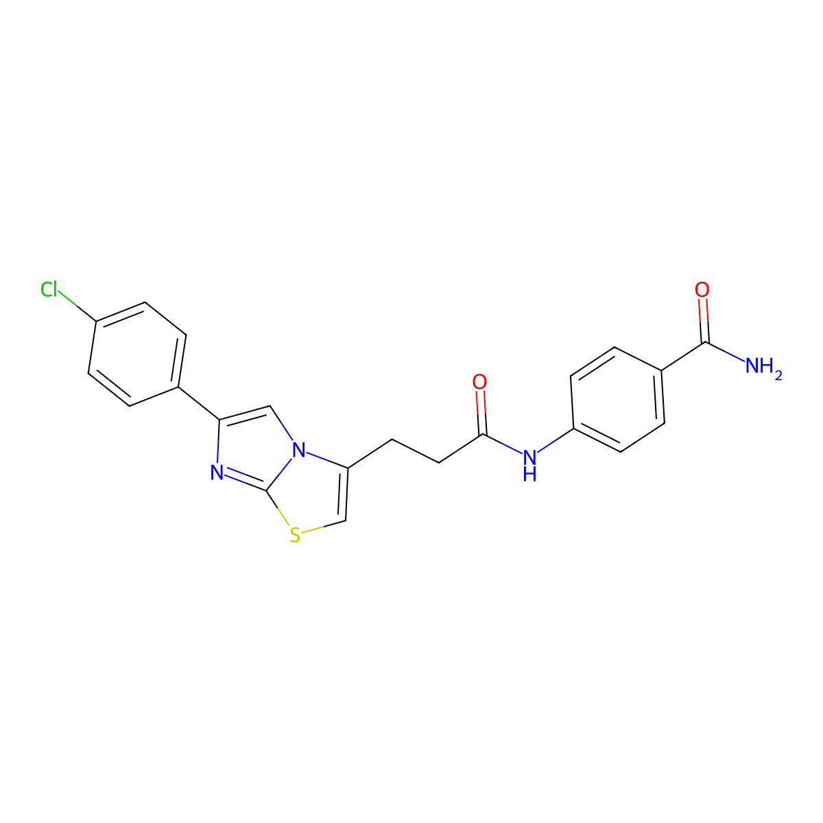 4-(3-(6-(4-Chlorophenyl)imidazo[2,1-b]thiazol-3-yl)propanamido)benzamide molecular structure, CAS 1040647-54-8