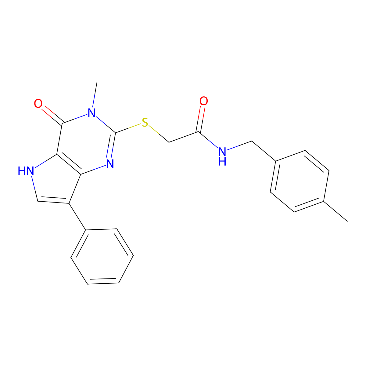 2-({3-methyl-4-oxo-7-phenyl-3H,4H,5H-pyrrolo[3,2-d]pyrimidin-2-yl}sulfanyl)-N-[(4-methylphenyl)methyl]acetamide molecular structure, CAS 1040647-58-2