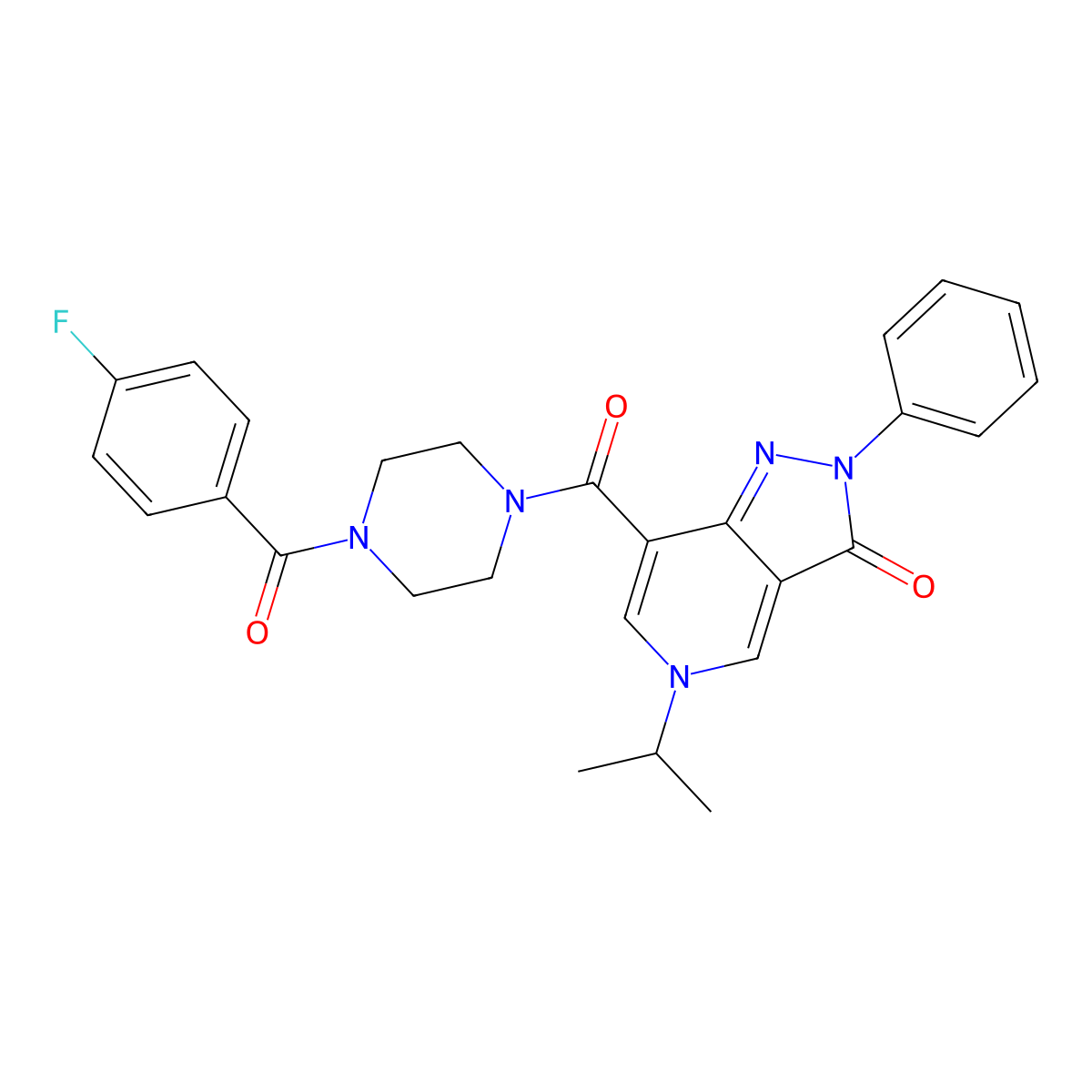 7-(4-(4-fluorobenzoyl)piperazine-1-carbonyl)-5-isopropyl-2-phenyl-2H-pyrazolo[4,3-c]pyridin-3(5H)-one molecular structure, CAS 1040647-67-3