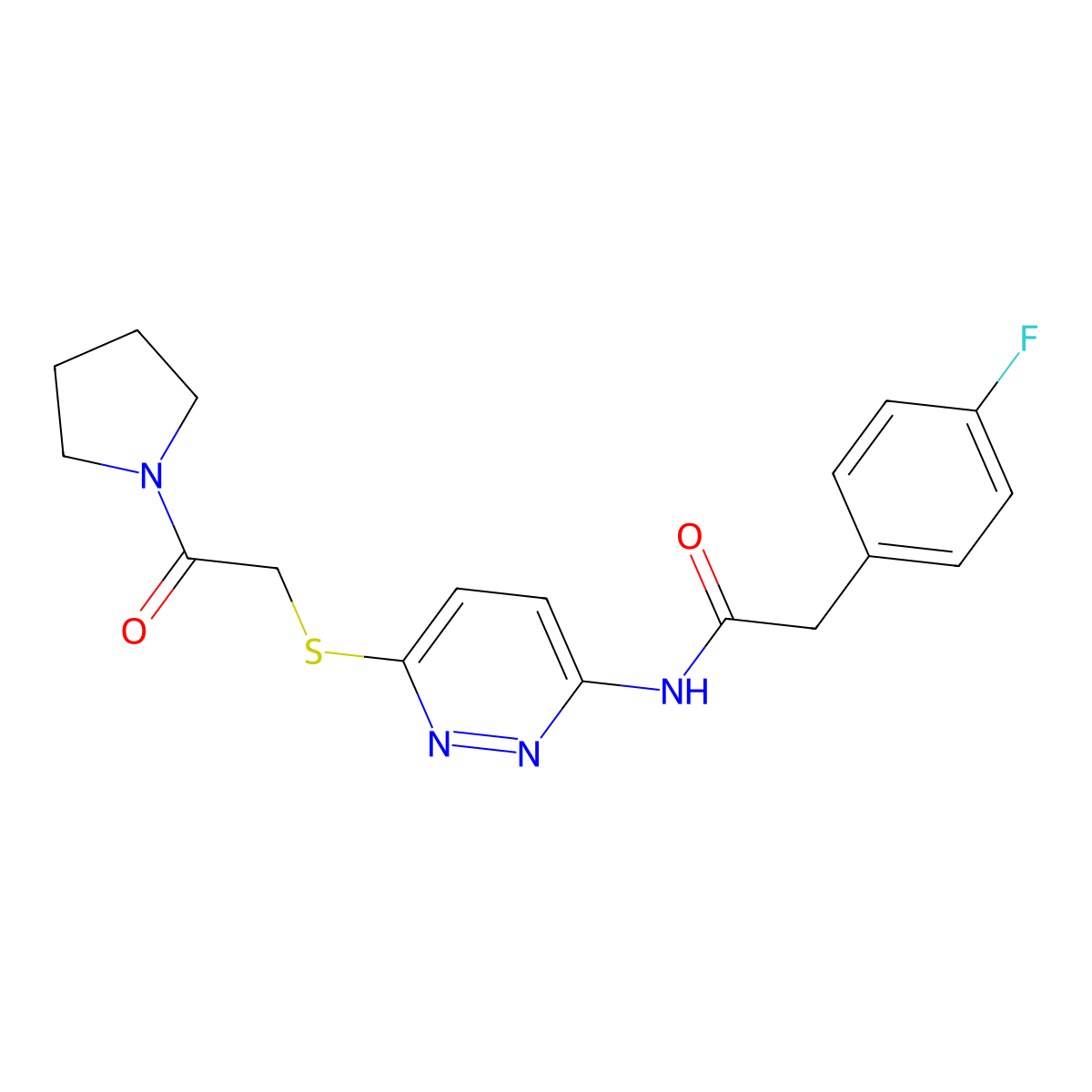 2-(4-fluorophenyl)-N-(6-((2-oxo-2-(pyrrolidin-1-yl)ethyl)thio)pyridazin-3-yl)acetamide molecular structure, CAS 1040647-75-3