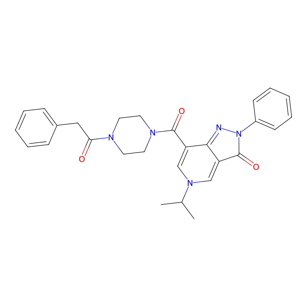 5-isopropyl-2-phenyl-7-(4-(2-phenylacetyl)piperazine-1-carbonyl)-2H-pyrazolo[4,3-c]pyridin-3(5H)-one molecular structure, CAS 1040647-77-5