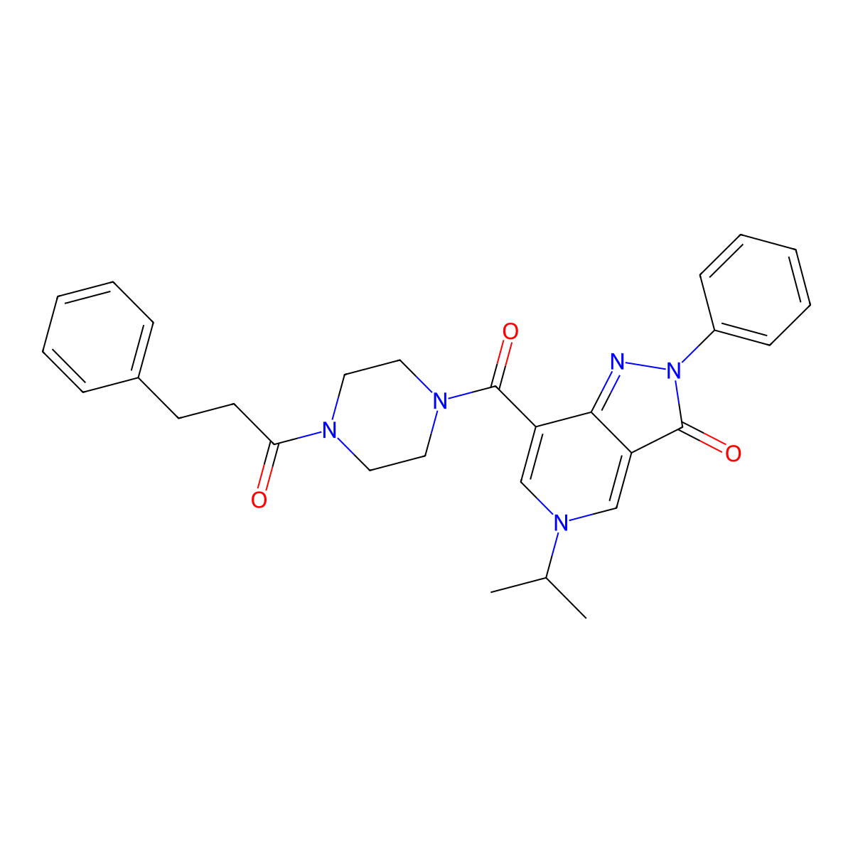 5-isopropyl-2-phenyl-7-(4-(3-phenylpropanoyl)piperazine-1-carbonyl)-2H-pyrazolo[4,3-c]pyridin-3(5H)-one molecular structure, CAS 1040647-82-2
