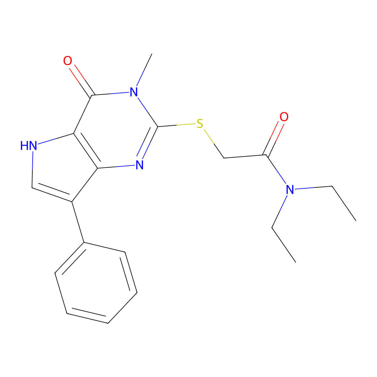 N,N-diethyl-2-({3-methyl-4-oxo-7-phenyl-3H,4H,5H-pyrrolo[3,2-d]pyrimidin-2-yl}sulfanyl)acetamide molecular structure, CAS 1040647-83-3