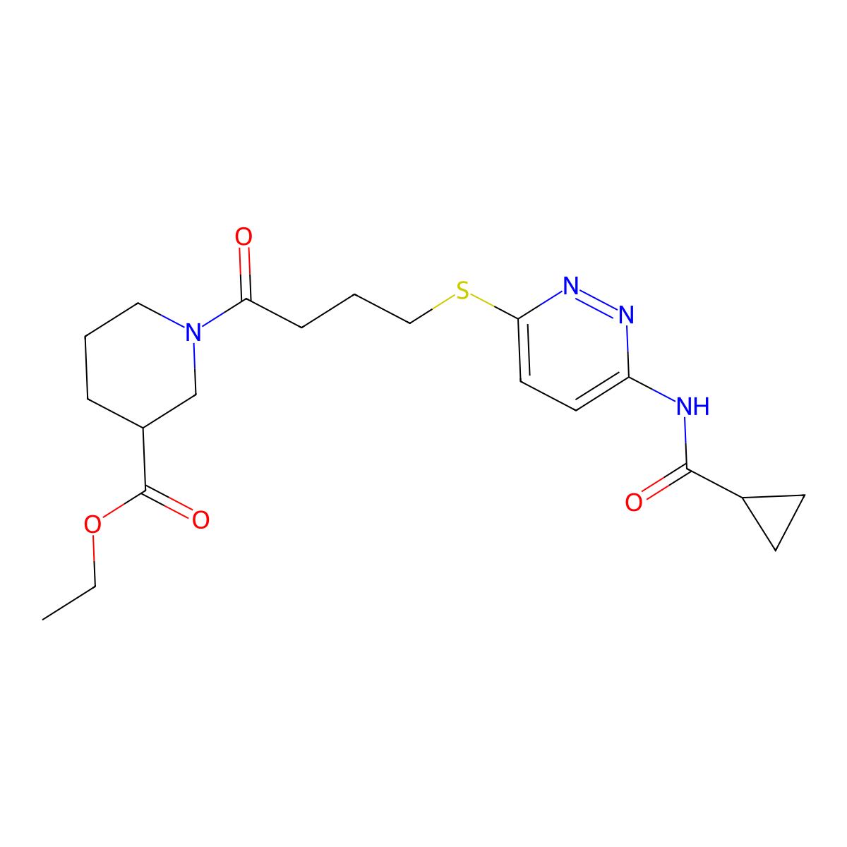 Ethyl 1-(4-((6-(cyclopropanecarboxamido)pyridazin-3-yl)thio)butanoyl)piperidine-3-carboxylate molecular structure, CAS 1040647-86-6