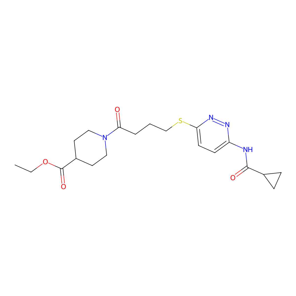 Ethyl 1-(4-((6-(cyclopropanecarboxamido)pyridazin-3-yl)thio)butanoyl)piperidine-4-carboxylate molecular structure, CAS 1040647-91-3