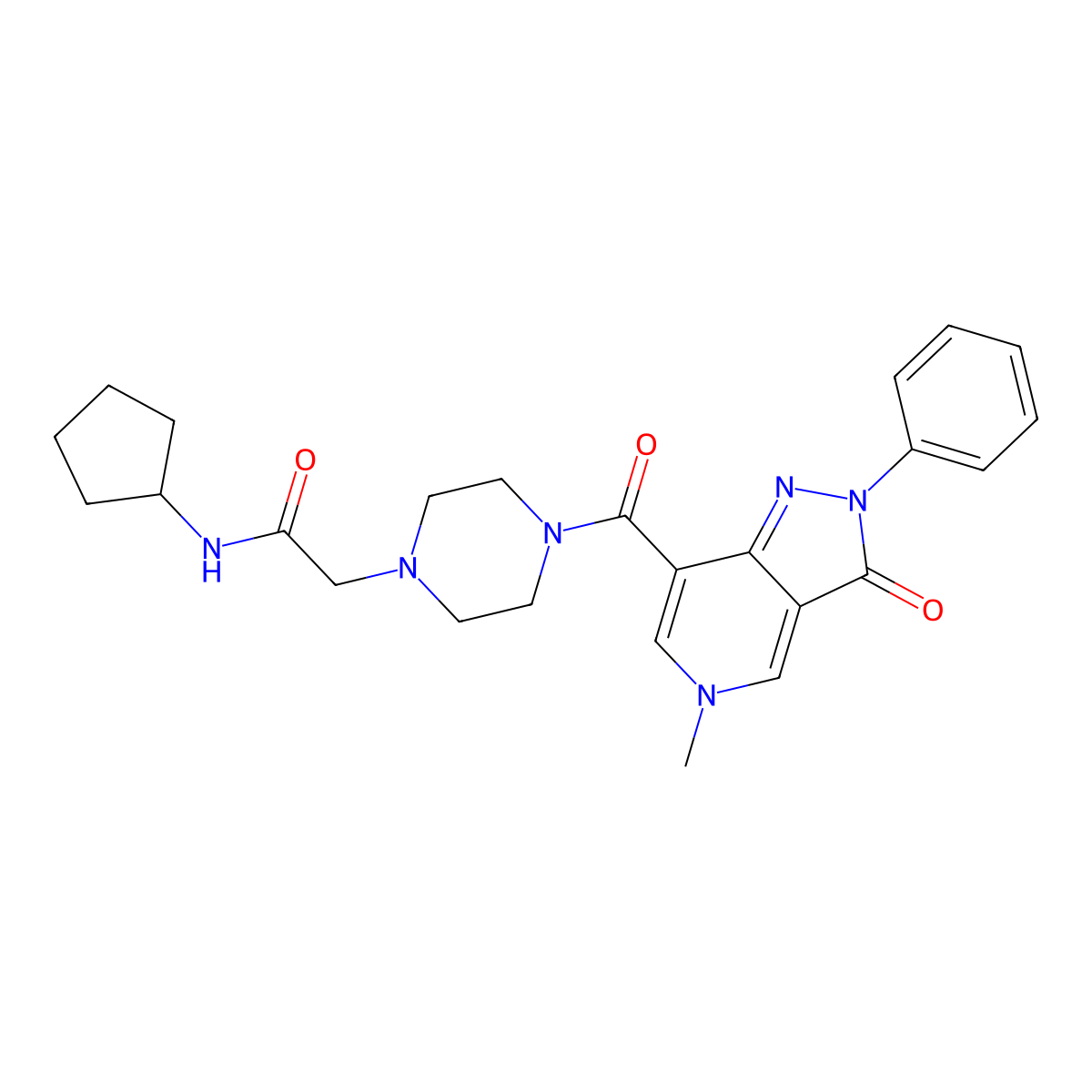 N-cyclopentyl-2-(4-(5-methyl-3-oxo-2-phenyl-3,5-dihydro-2H-pyrazolo[4,3-c]pyridine-7-carbonyl)piperazin-1-yl)acetamide molecular structure, CAS 1040648-12-1