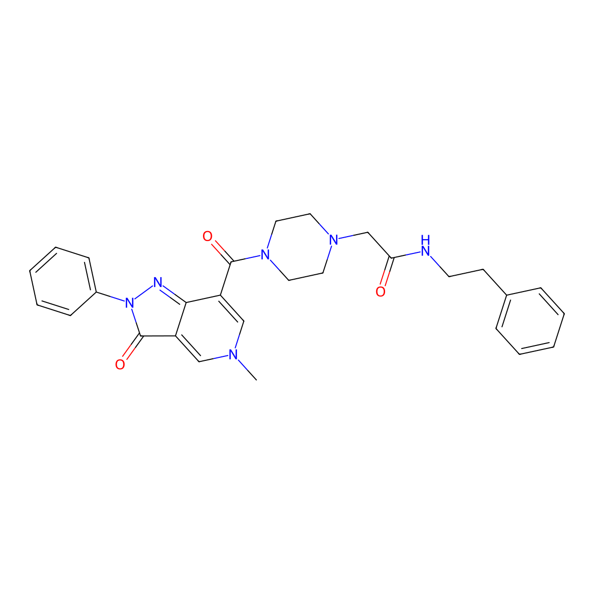 2-(4-(5-methyl-3-oxo-2-phenyl-3,5-dihydro-2H-pyrazolo[4,3-c]pyridine-7-carbonyl)piperazin-1-yl)-N-phenethylacetamide molecular structure, CAS 1040648-17-6