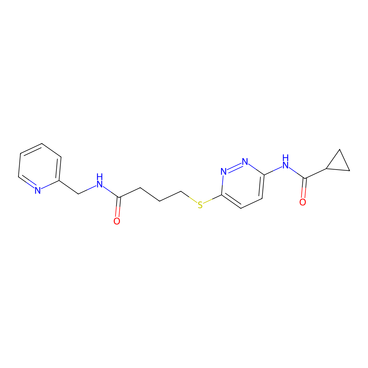N-(6-((4-oxo-4-((pyridin-2-ylmethyl)amino)butyl)thio)pyridazin-3-yl)cyclopropanecarboxamide molecular structure, CAS 1040648-21-2