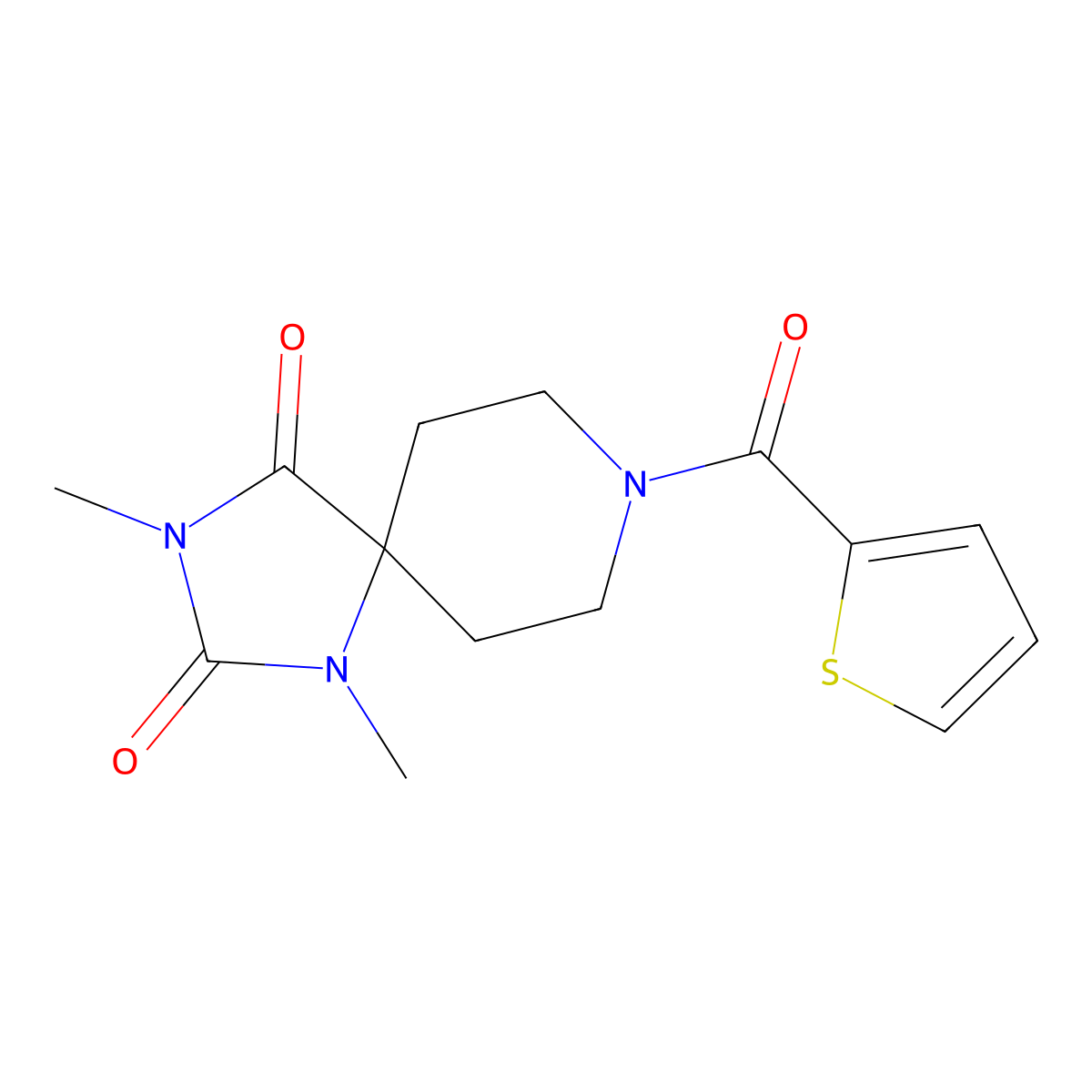 1,3-Dimethyl-8-(thiophene-2-carbonyl)-1,3,8-triazaspiro[4.5]decane-2,4-dione molecular structure, CAS 1040648-30-3