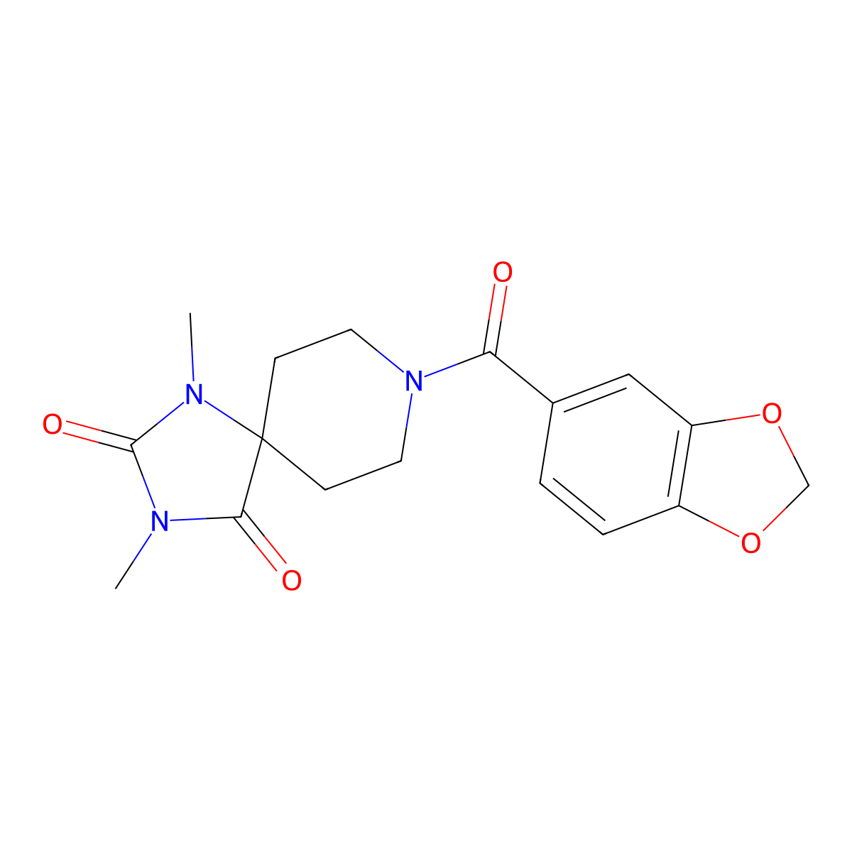 8-(2H-1,3-benzodioxole-5-carbonyl)-1,3-dimethyl-1,3,8-triazaspiro[4.5]decane-2,4-dione molecular structure, CAS 1040648-35-8